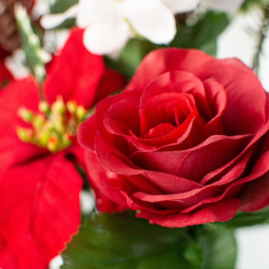 16" Poinsettia Rose Pine Bush: Red & White Lifestyle Photo