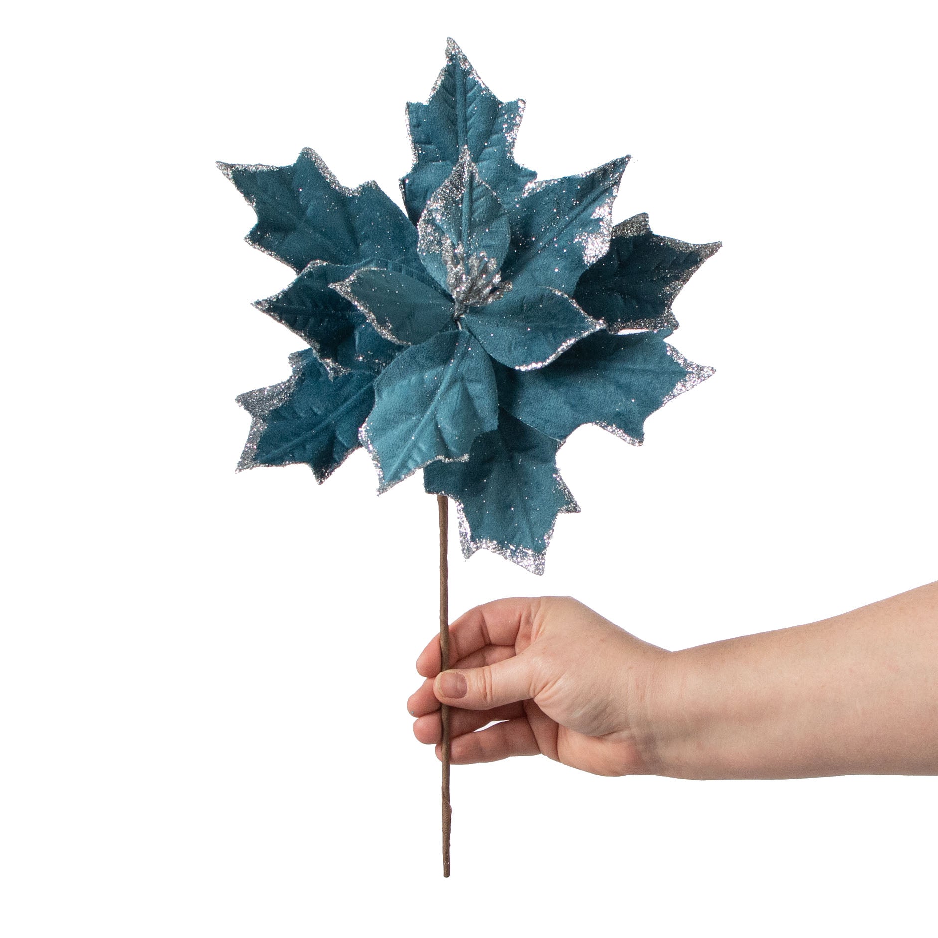 12" Poinsettia Stem: Teal Blue detail photo 3
