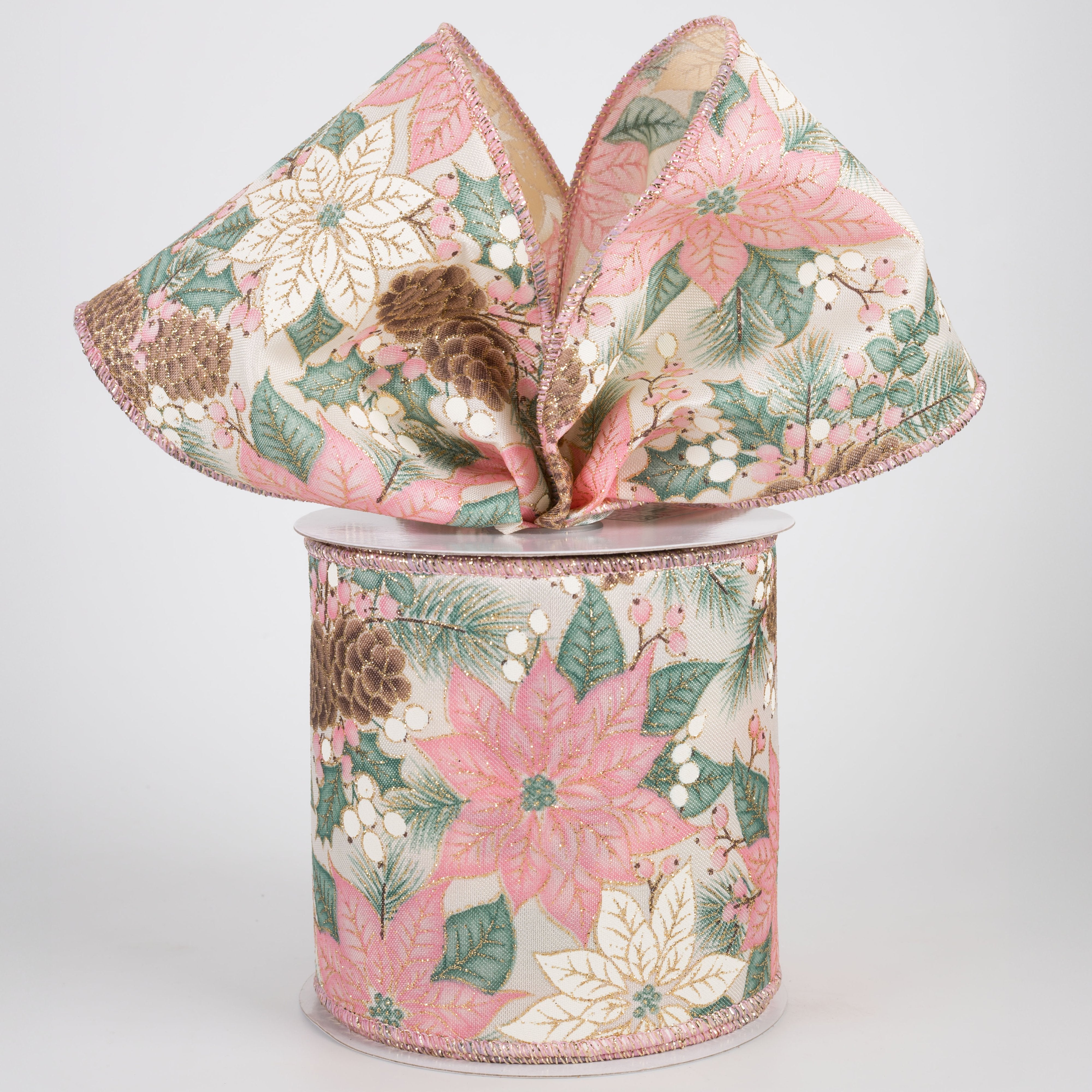 4" Poinsettias & Pinecones Ribbon: Pink & Ivory on Cream (10 Yards) Lifestyle Photo
