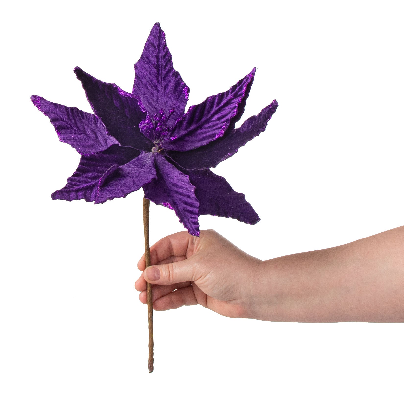 15" Pointy Velvet Poinsettia Pick: Dark Purple detail photo 3