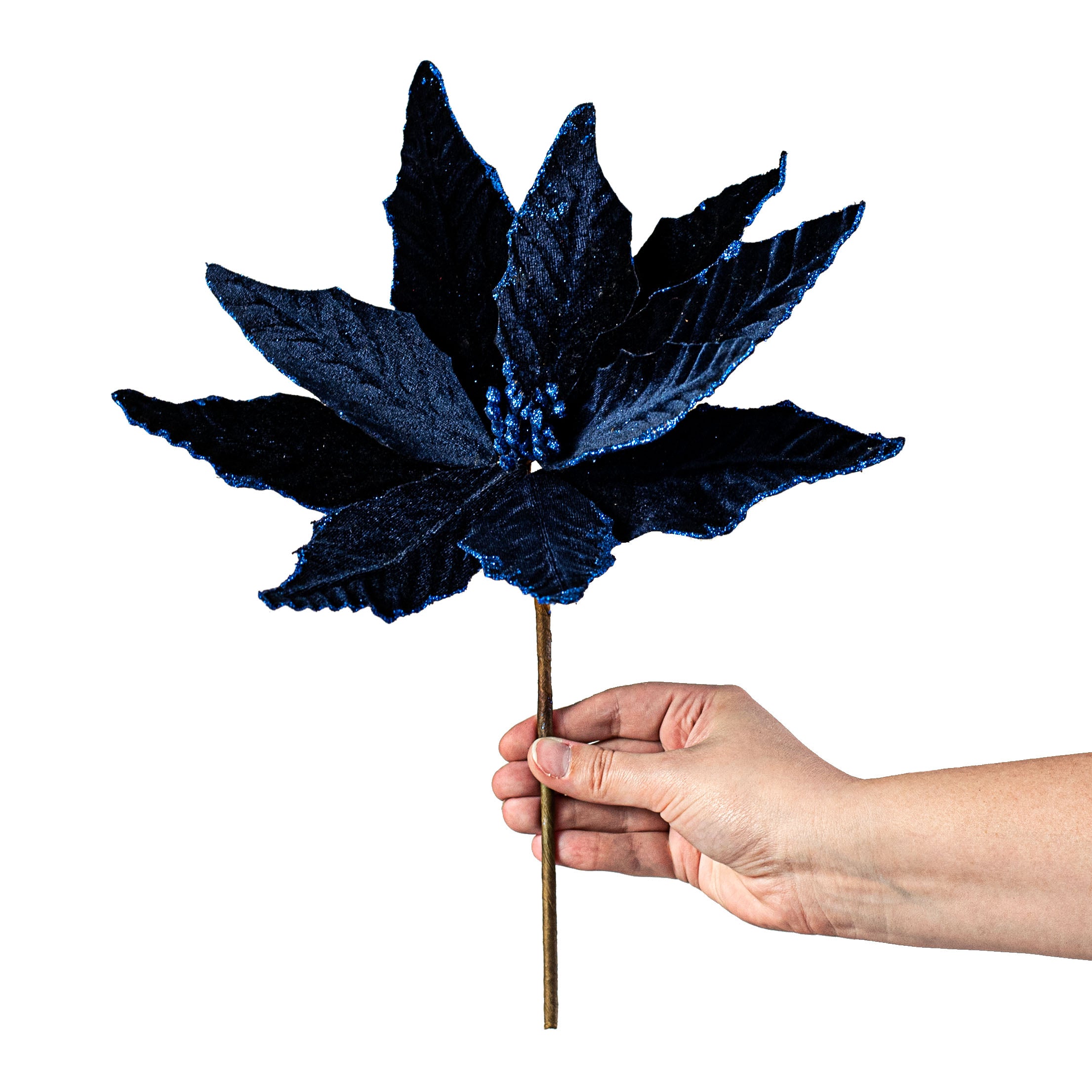 15" Pointy Velvet Poinsettia Pick: Navy Blue detail photo 3