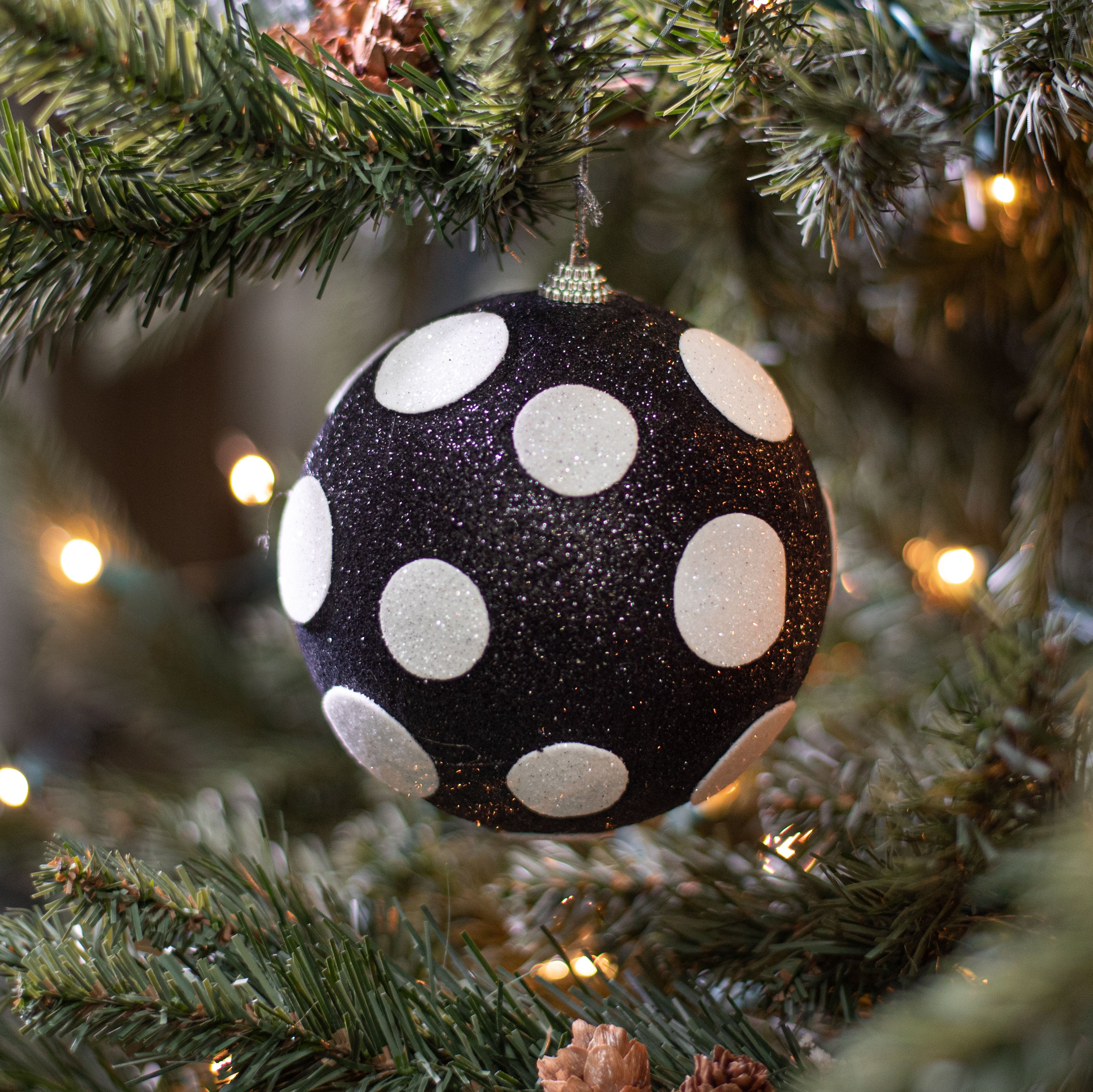 5" Polka Dot Ball Ornament: Black & White Lifestyle Photo