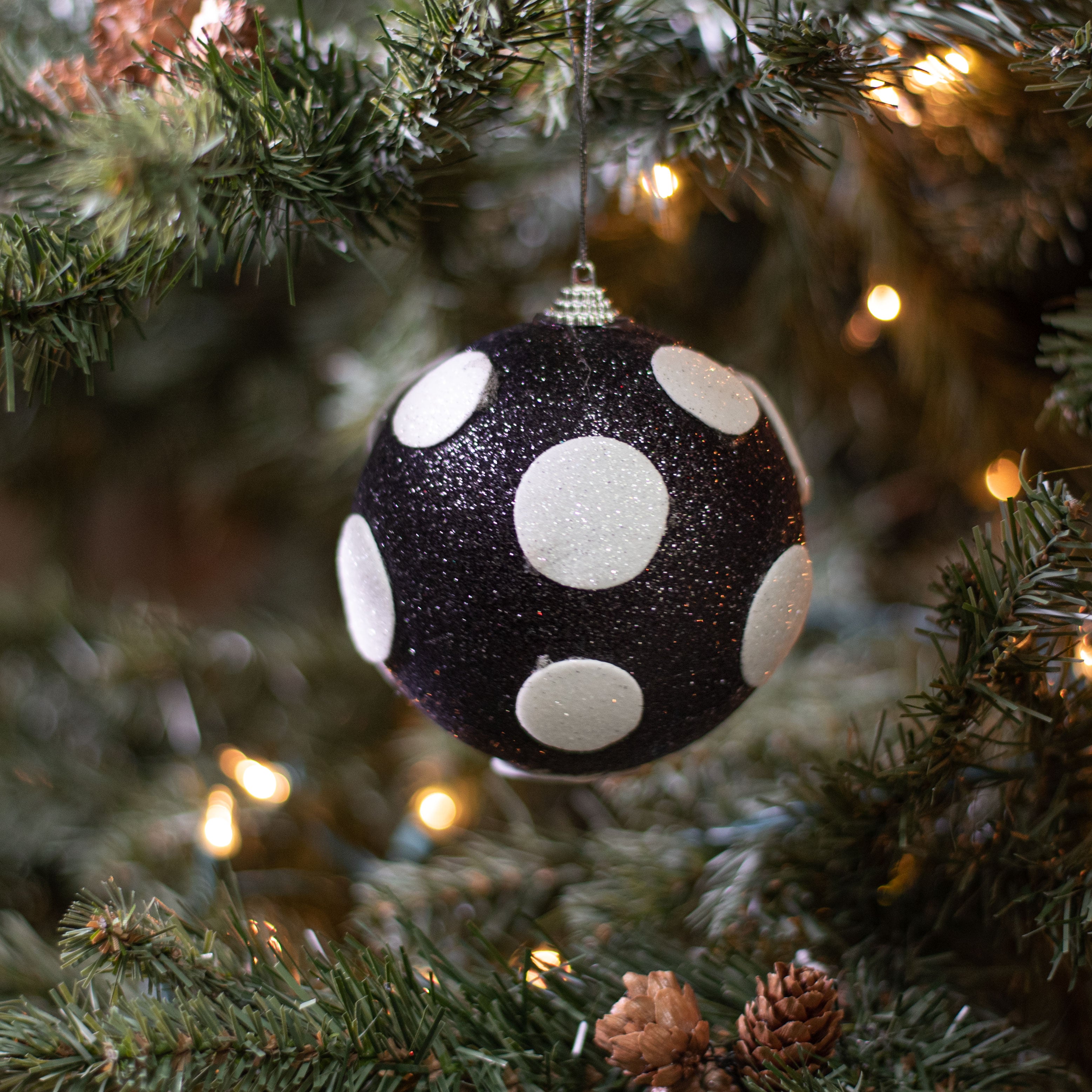 4" Polka Dot Ball Ornament: Black & White Lifestyle Photo