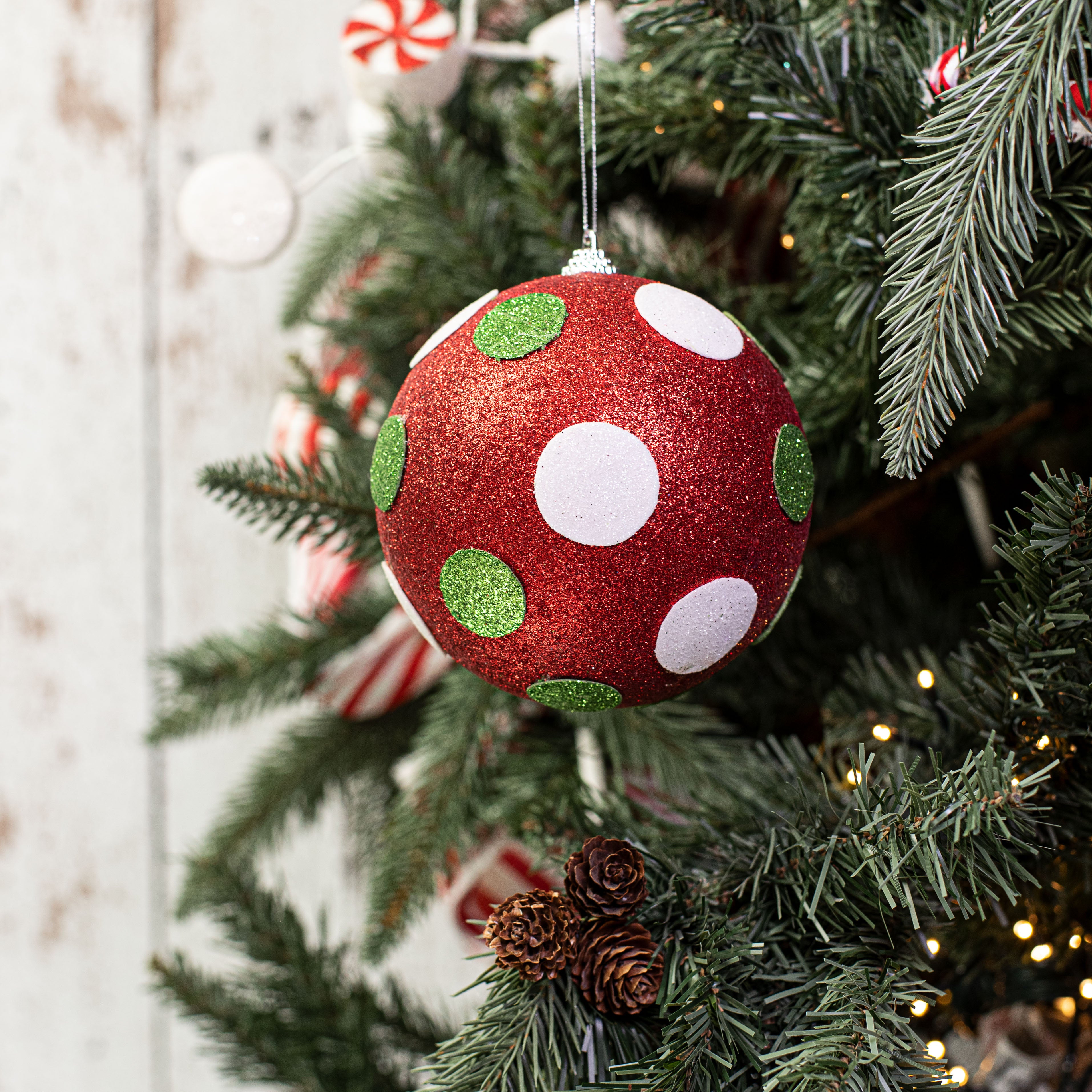 5" Polka Dot Ball Ornament: Red, Lime, White Lifestyle Photo