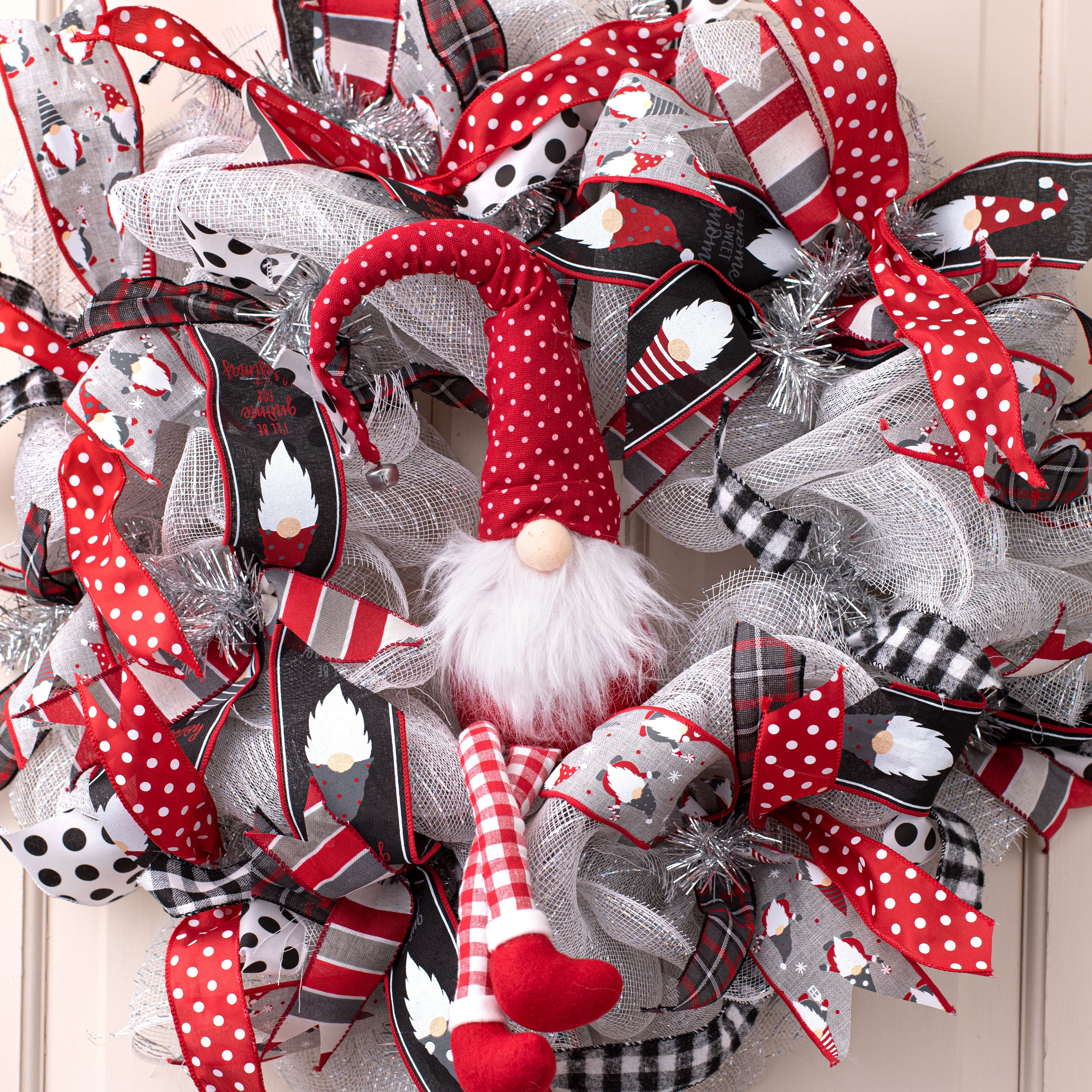 17" Polka Dot Fabric Sitting Gnome: Red & White Lifestyle Photo