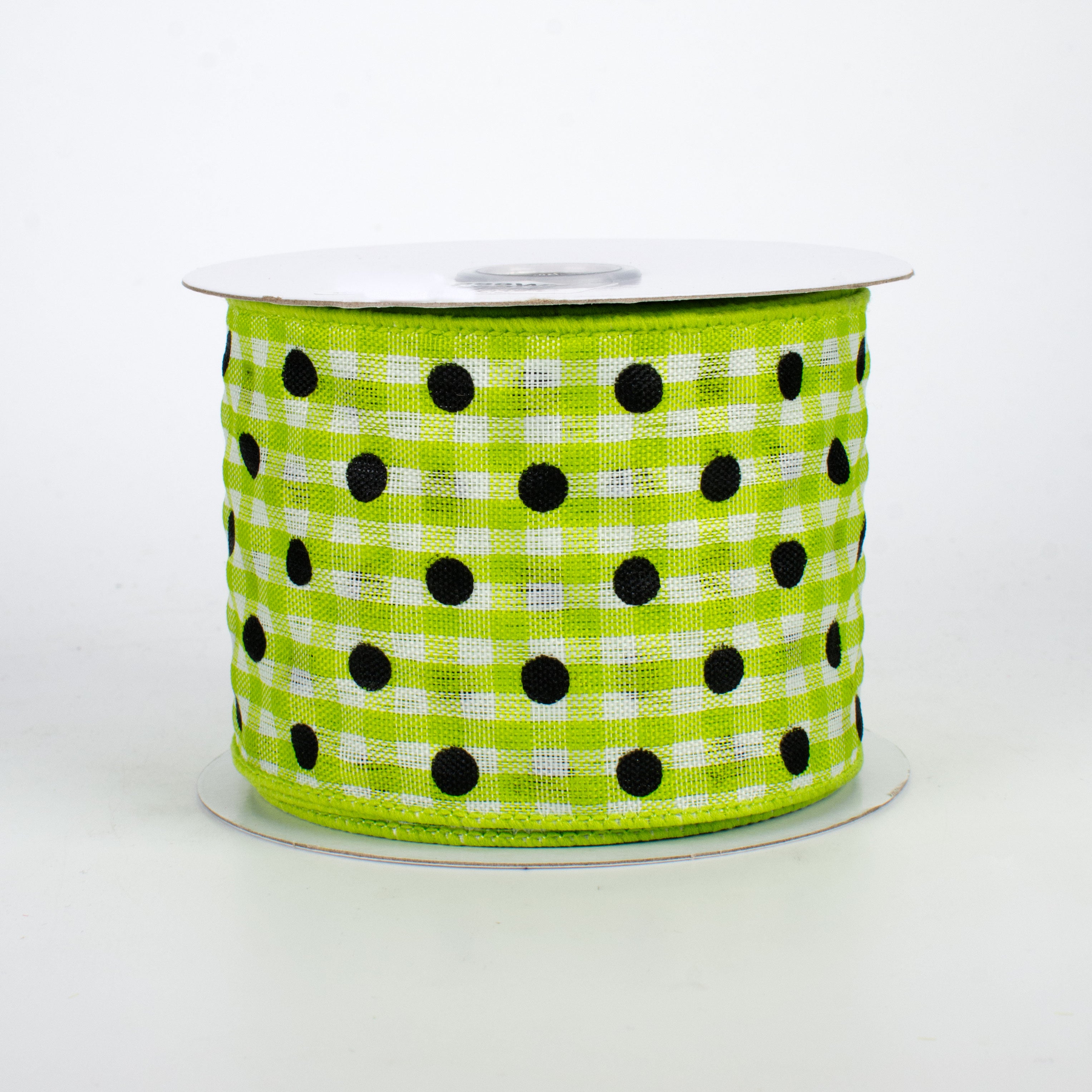 2.5" Polka Dot Gingham Ribbon: Black, Lime, White (10 Yards)