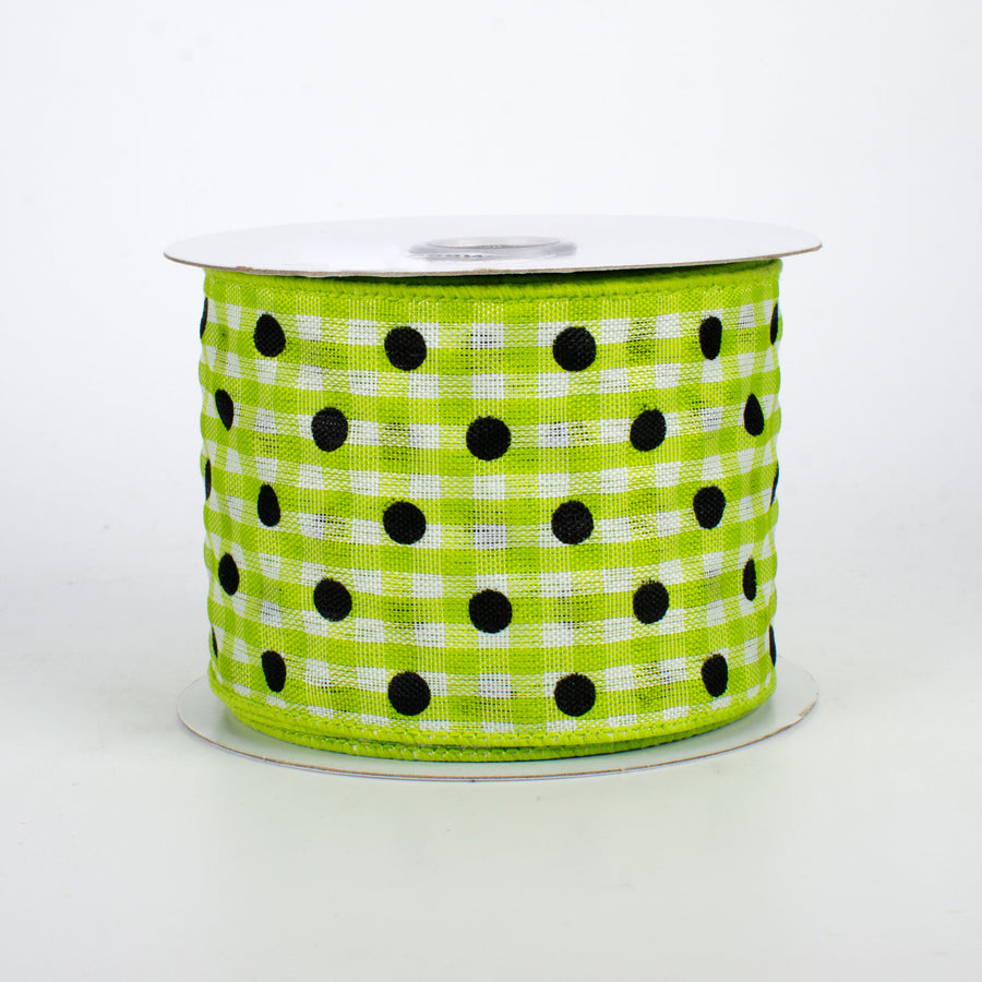 2.5" Polka Dot Gingham Ribbon: Black, Lime, White (10 Yards)