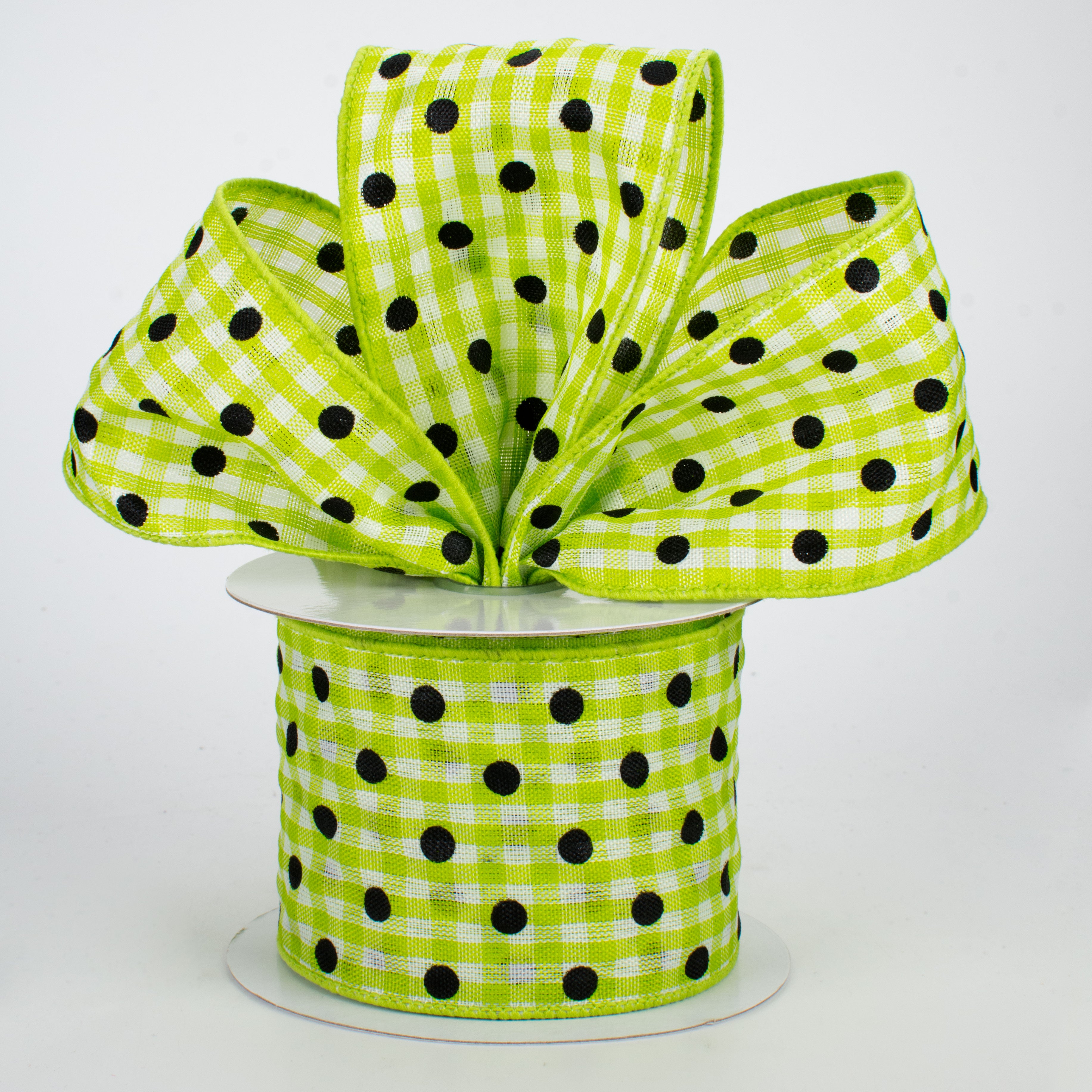 2.5" Polka Dot Gingham Ribbon: Black, Lime, White (10 Yards) Lifestyle Photo