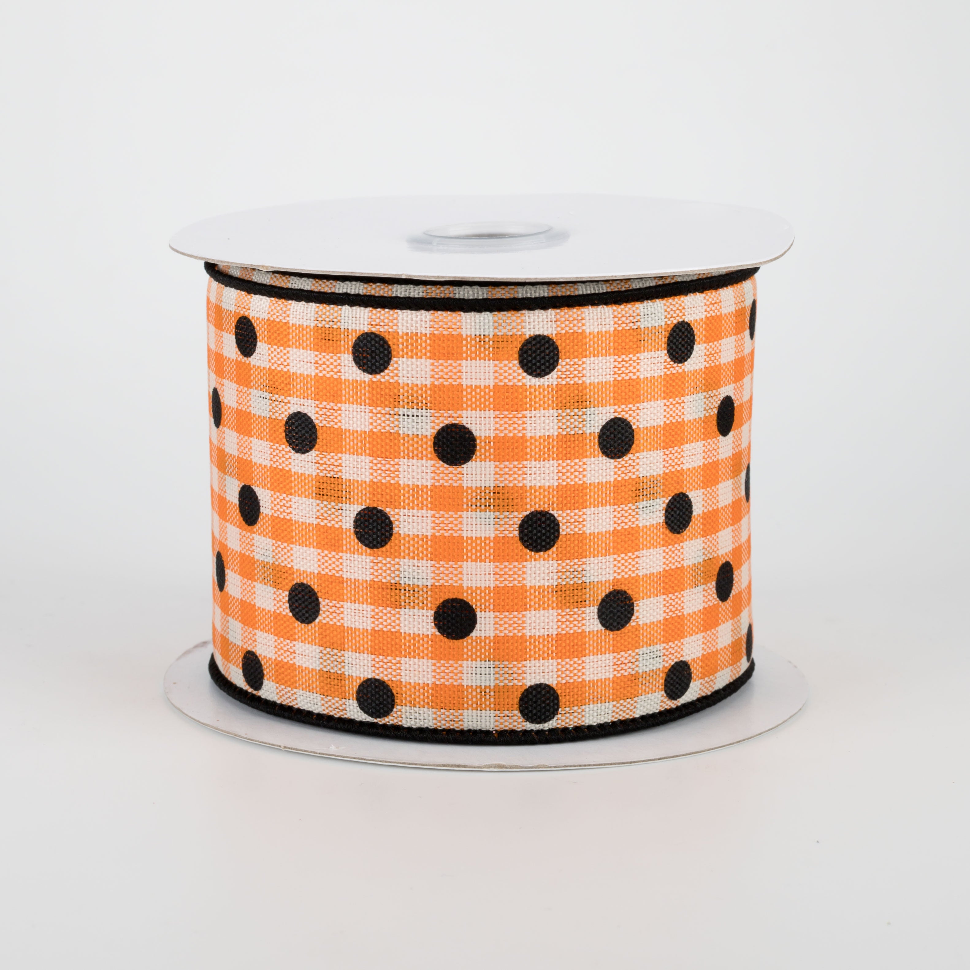 2.5" Polka Dot Gingham Ribbon: Black, Orange, White (10 Yards)