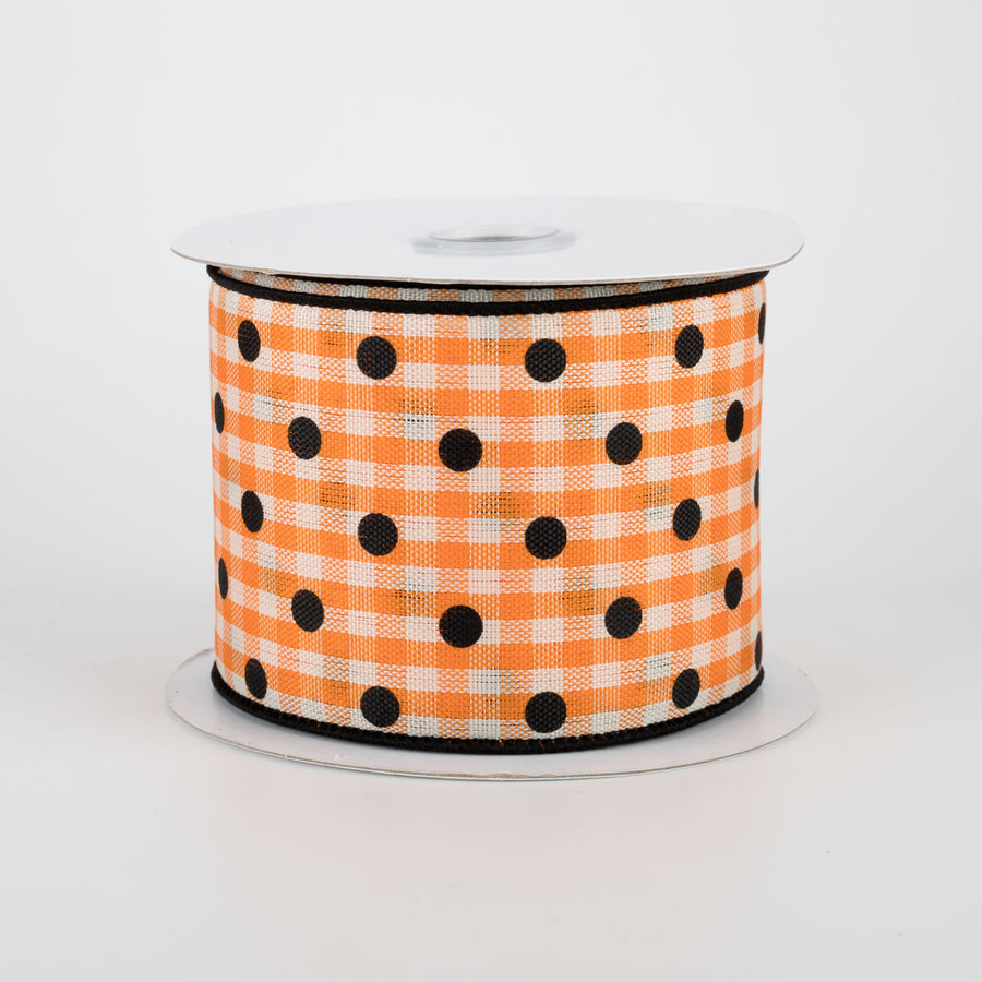 2.5" Polka Dot Gingham Ribbon: Black, Orange, White (10 Yards)