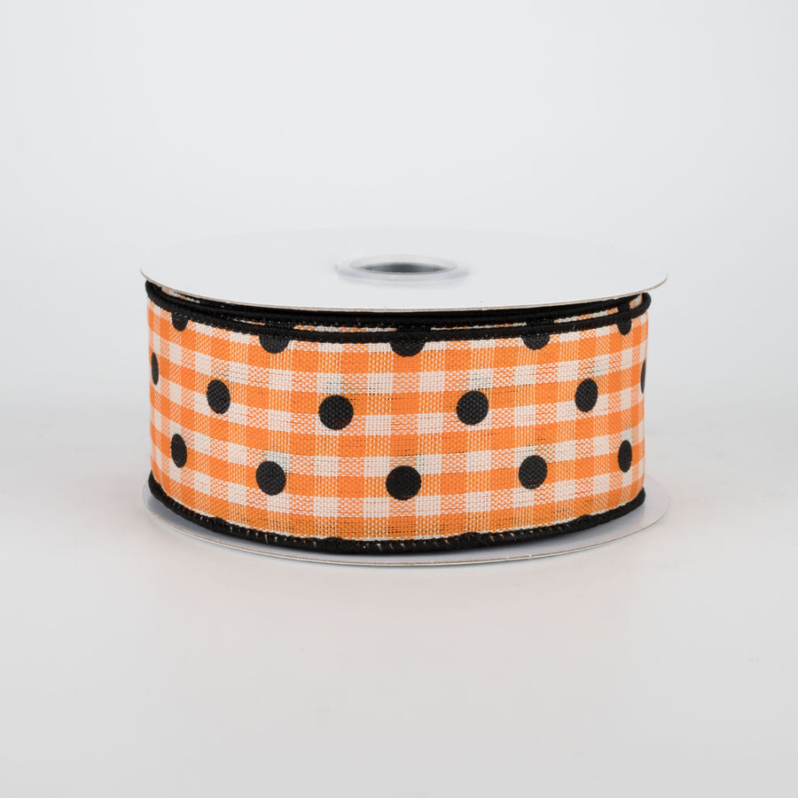 1.5" Polka Dot Gingham Ribbon: Black, Orange, White (10 Yards)