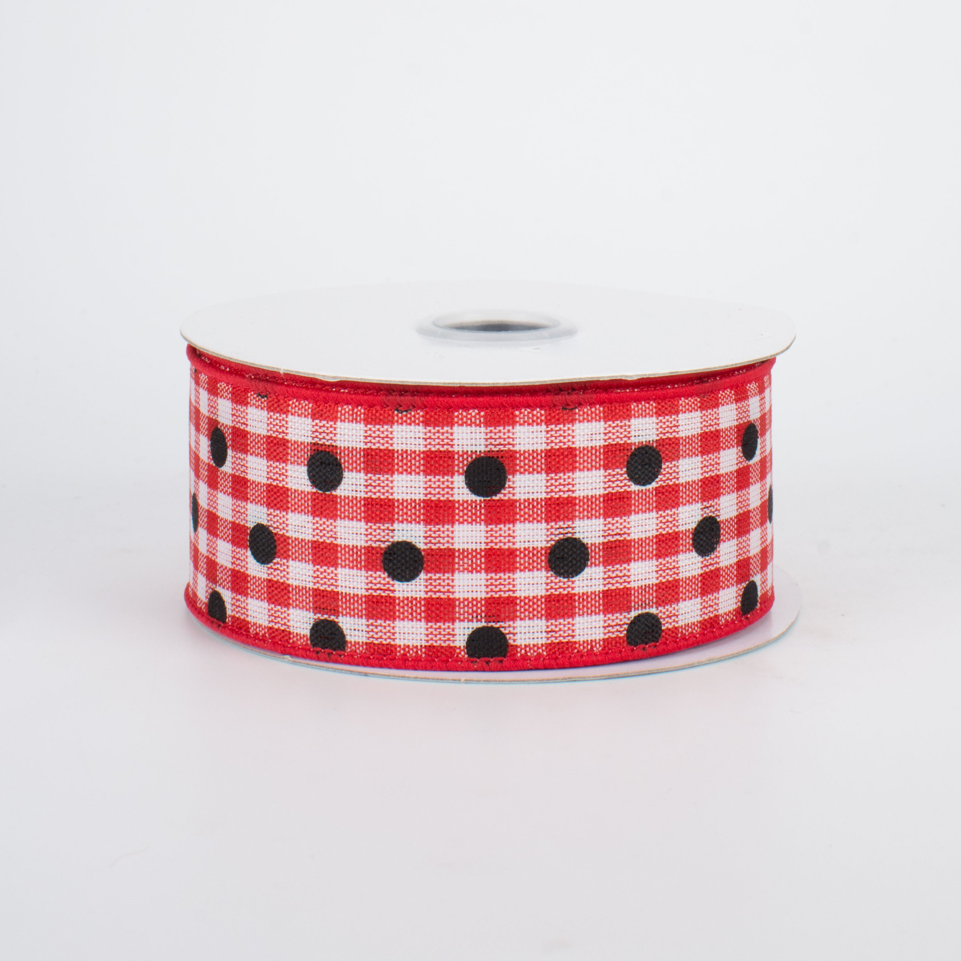 1.5" Polka Dot Gingham Ribbon: Black, Red, White (10 Yards)
