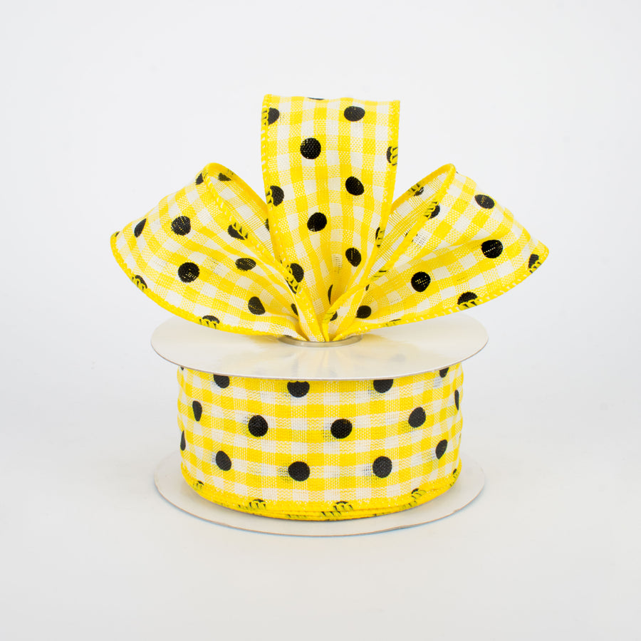 1.5" Polka Dot Gingham Ribbon: Black, Yellow, White (10 Yards) Lifestyle Photo