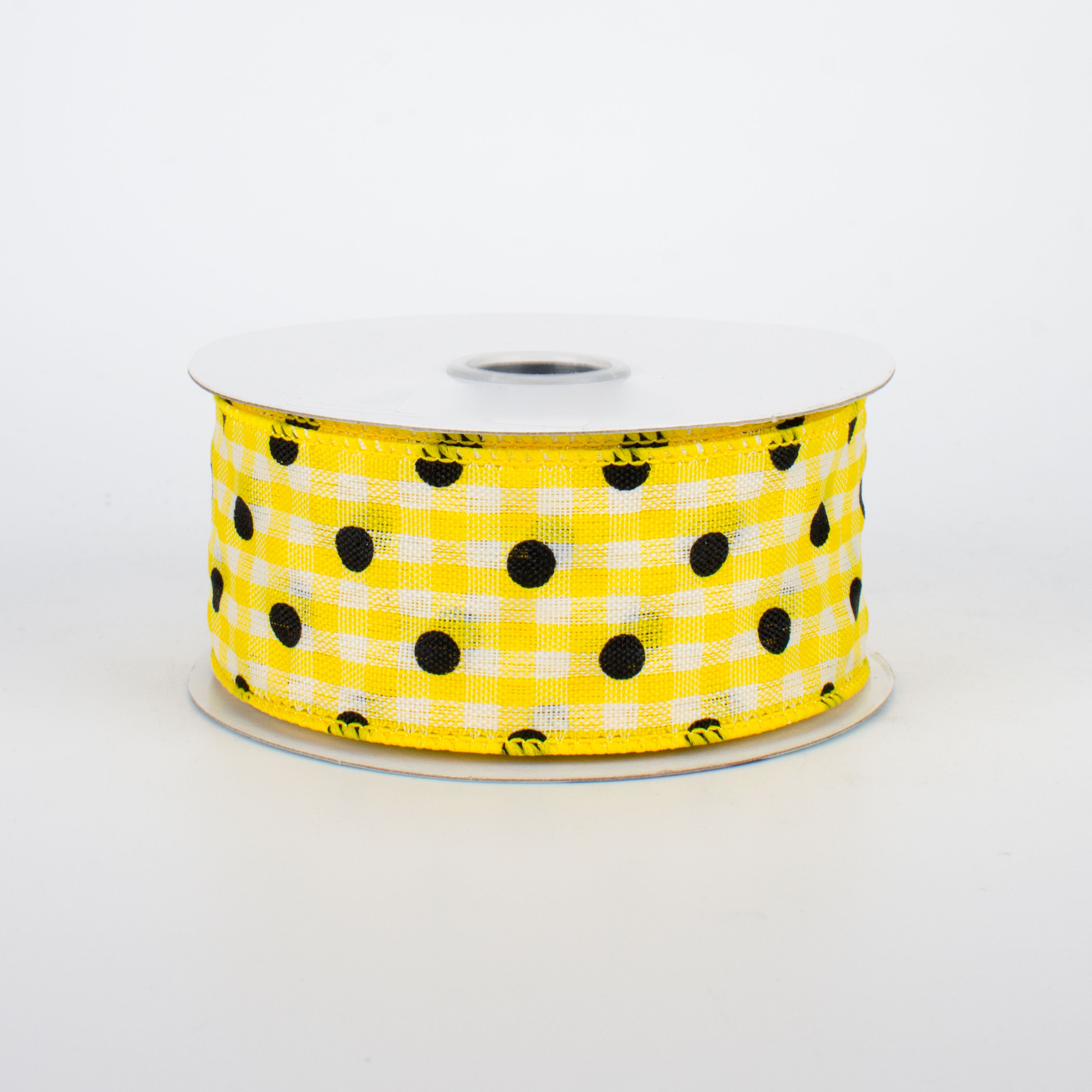 1.5" Polka Dot Gingham Ribbon: Black, Yellow, White (10 Yards)