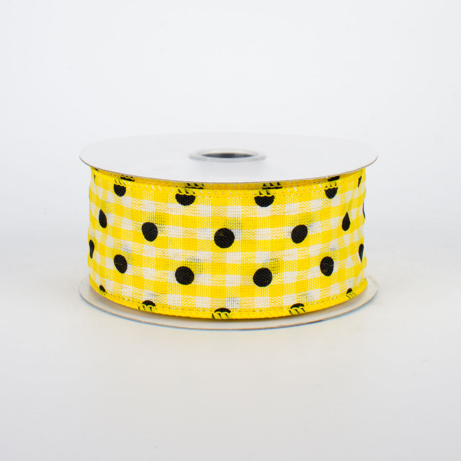 1.5" Polka Dot Gingham Ribbon: Black, Yellow, White (10 Yards)