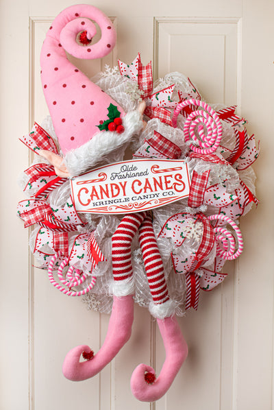 Polka Dot & Stripe Hat With Legs Elf Wreath Accent: Light Pink Lifestyle Photo