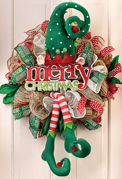 Polka Dot & Stripe Hat With Legs Elf Wreath Accent: Red & Emerald Green Lifestyle Photo