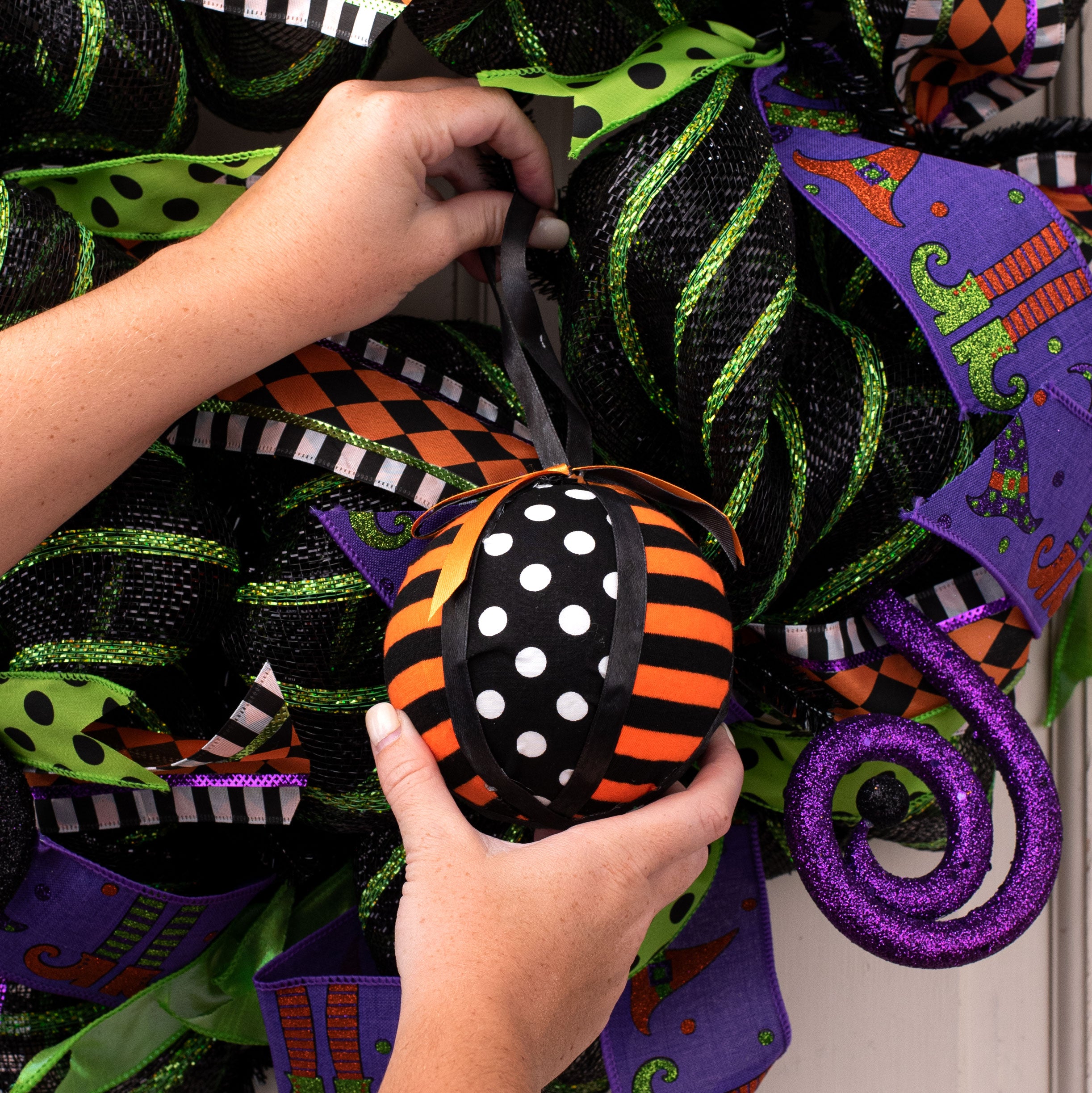 4.5" Polka Dot Stripe Ribbon Ball: Black, Orange, White Lifestyle Photo