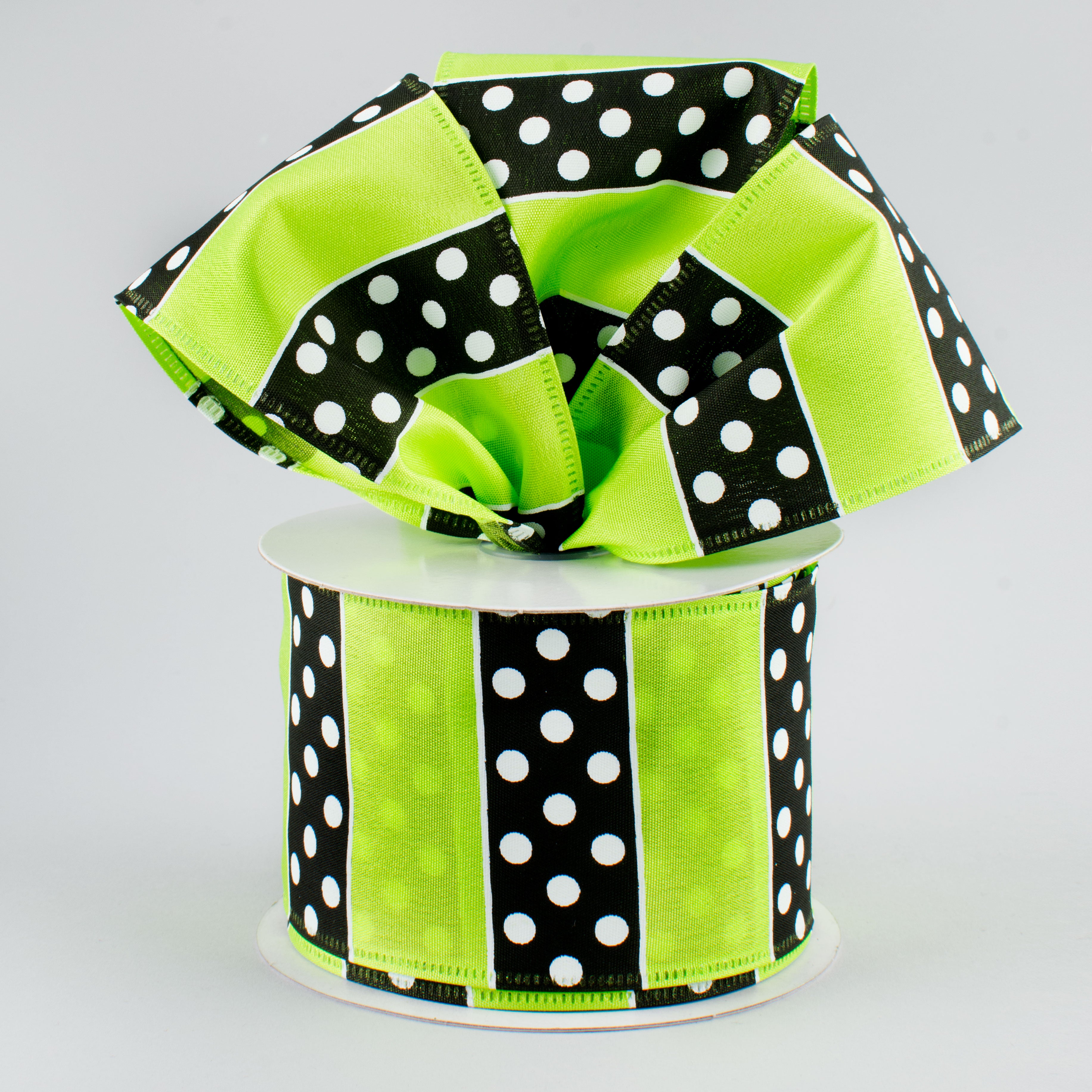 2.5" B & W Polka Dot Stripes Ribbon: Lime (10 Yards) Lifestyle Photo