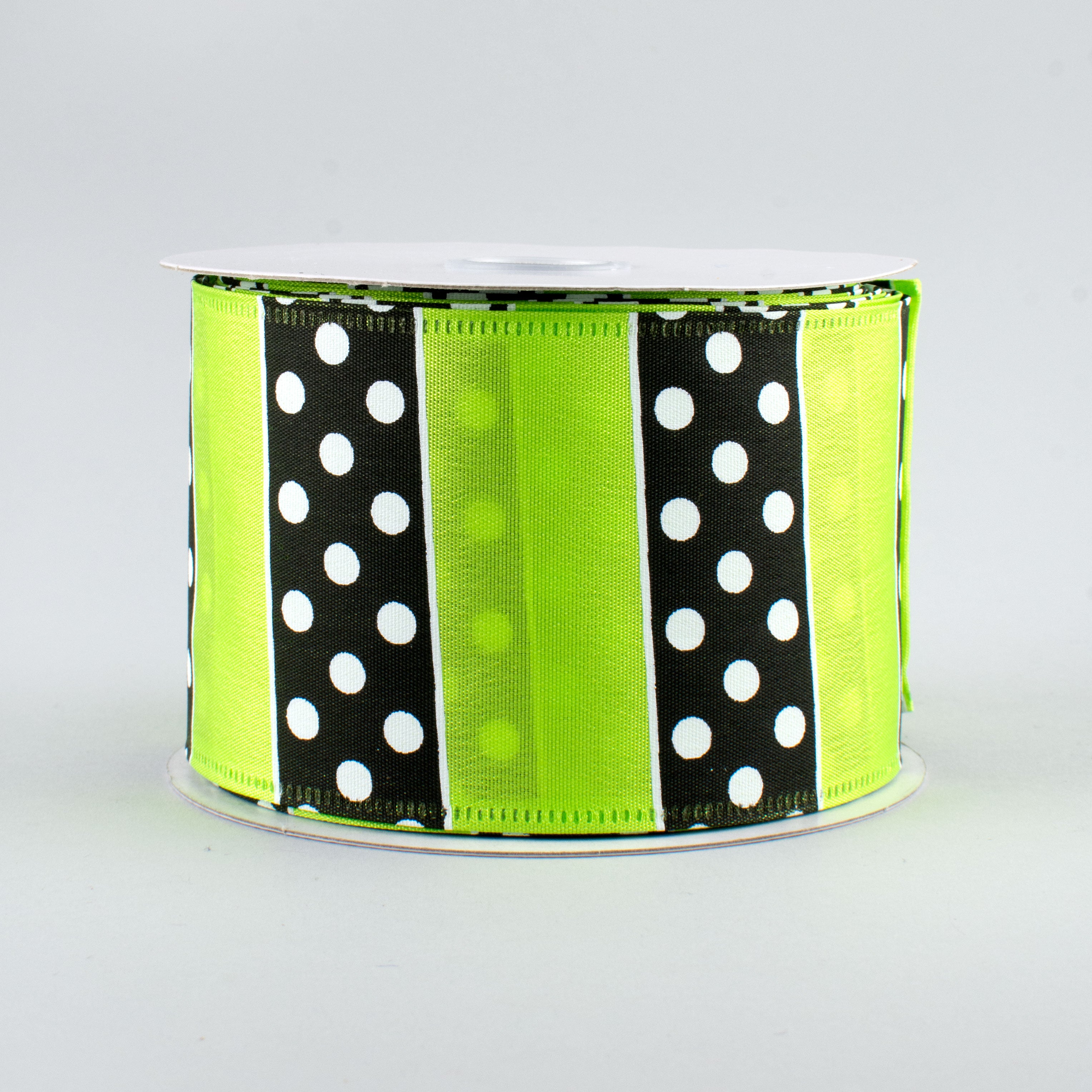 2.5" B & W Polka Dot Stripes Ribbon: Lime (10 Yards)