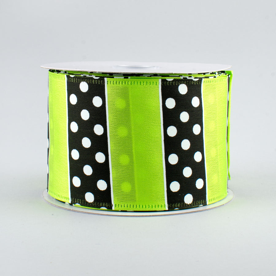 2.5" B & W Polka Dot Stripes Ribbon: Lime (10 Yards)