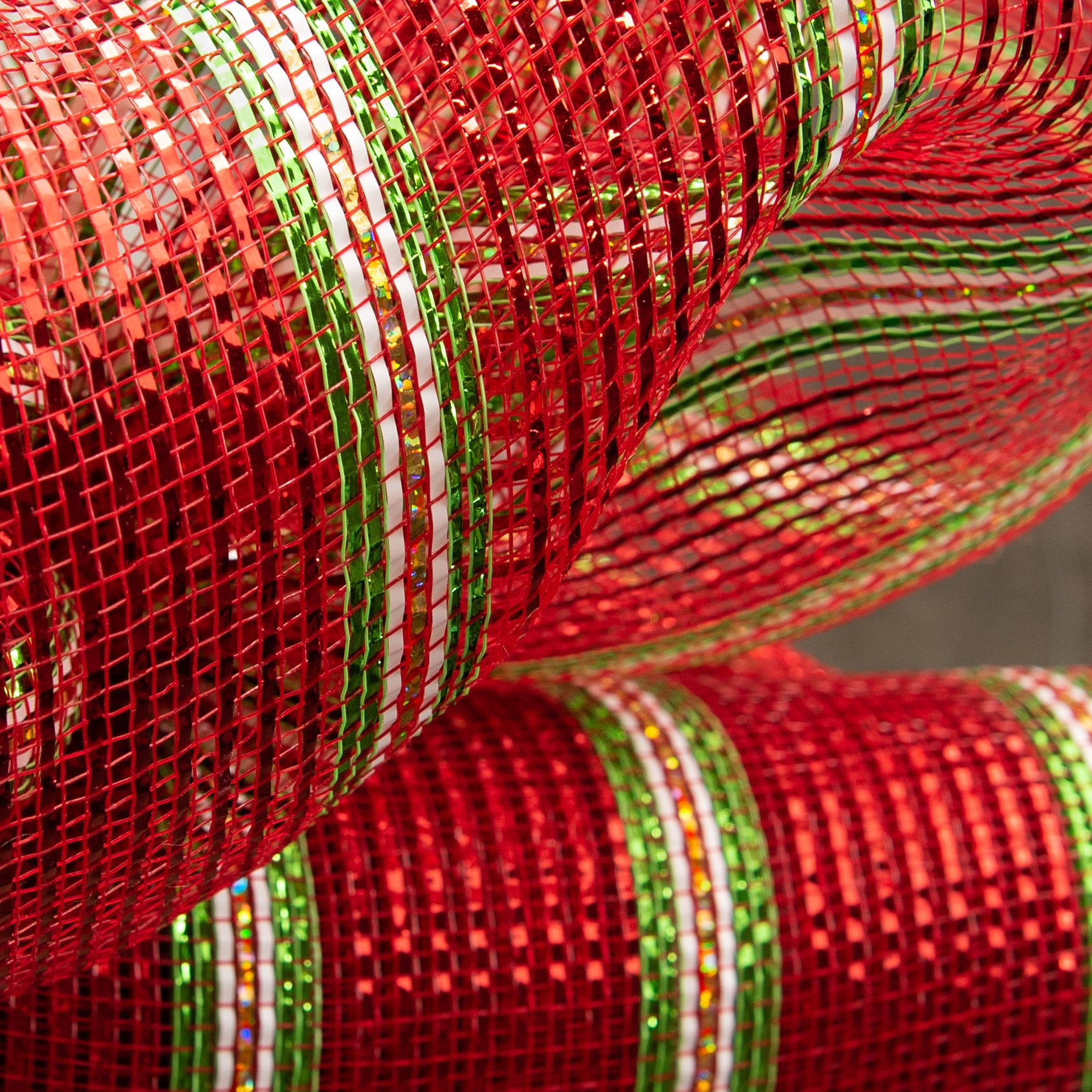 21" Poly Deco Mesh: Metallic Foil Red & Lime With Laser Gold Stripe Lifestyle Photo