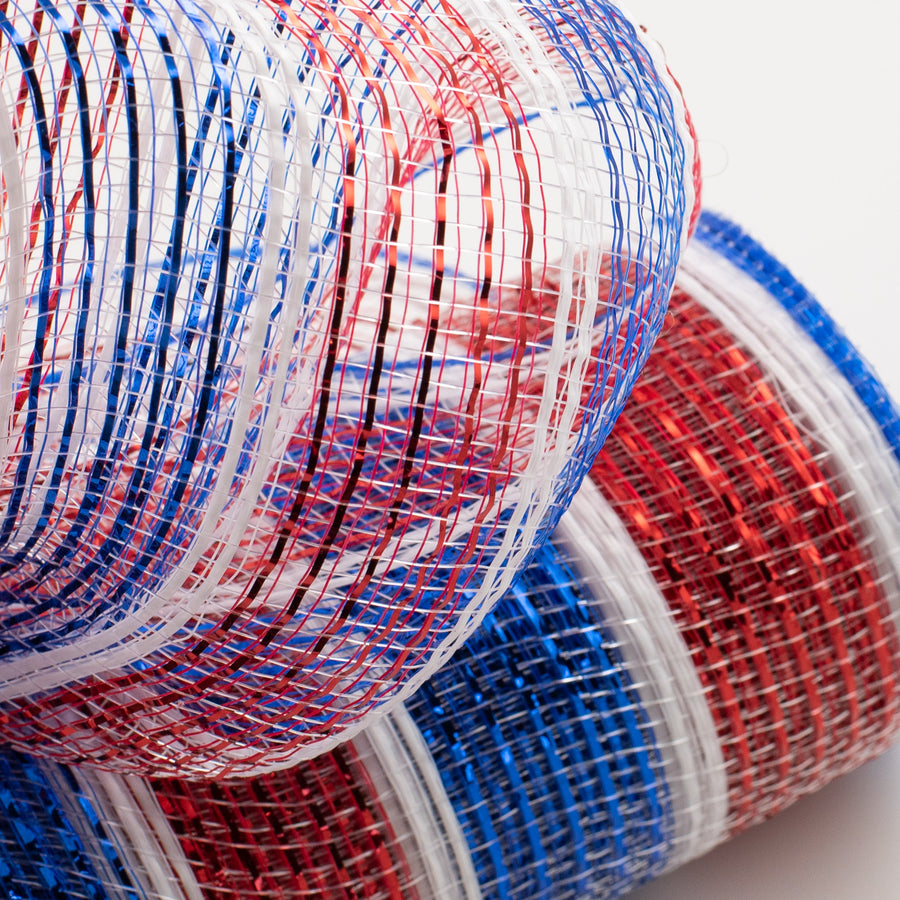 10" Poly Deco Mesh: Metallic Red, Blue & White Stripes (10 Yards) Lifestyle Photo