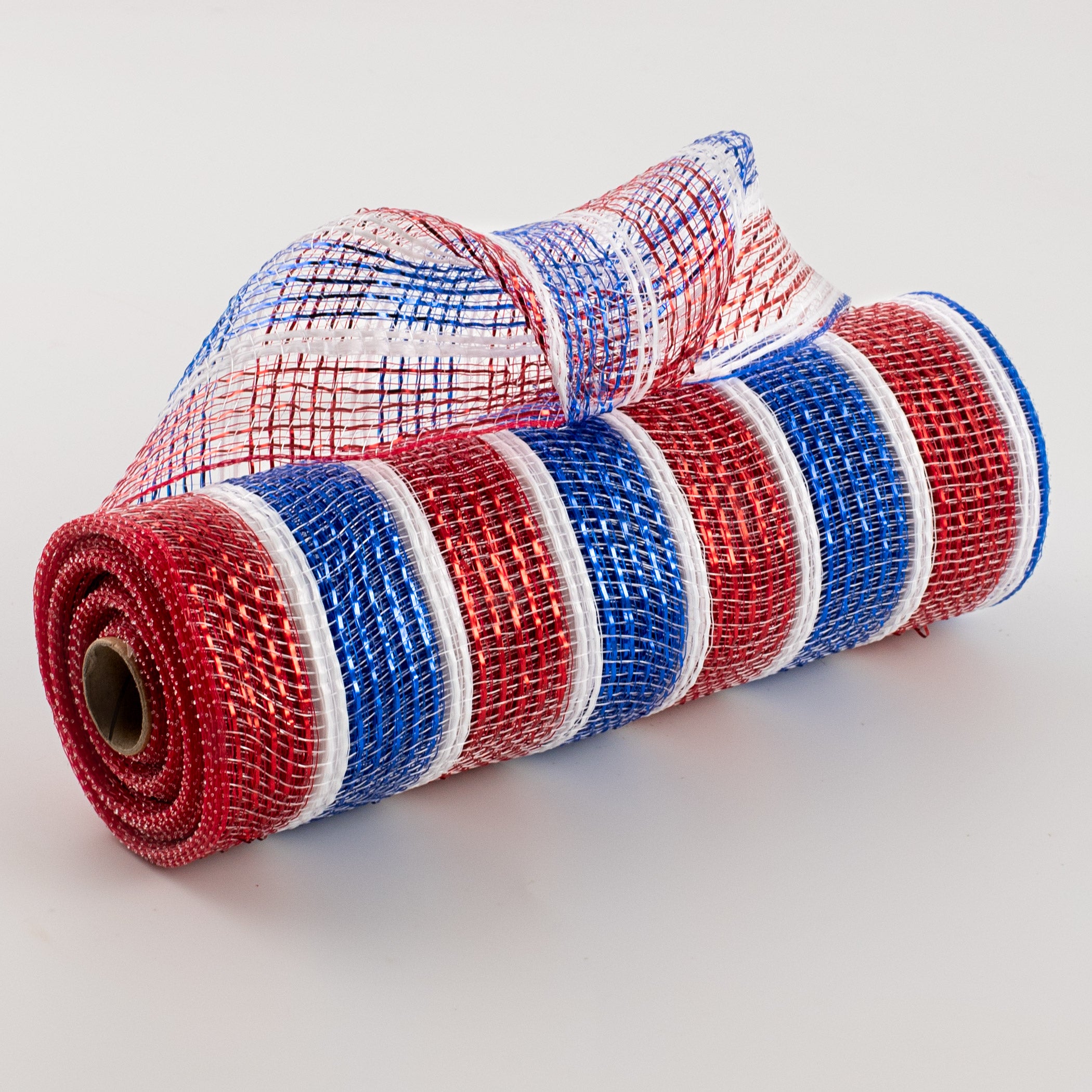 10" Poly Deco Mesh: Metallic Red, Blue & White Stripes (10 Yards) Item Number: XB95910-74
