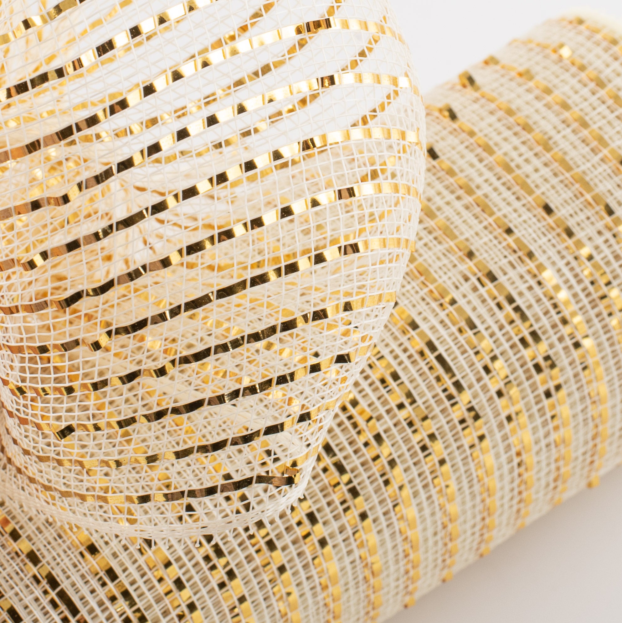 10" Poly Deco Mesh: Wide Foil Metallic Gold With Cream Lifestyle Photo