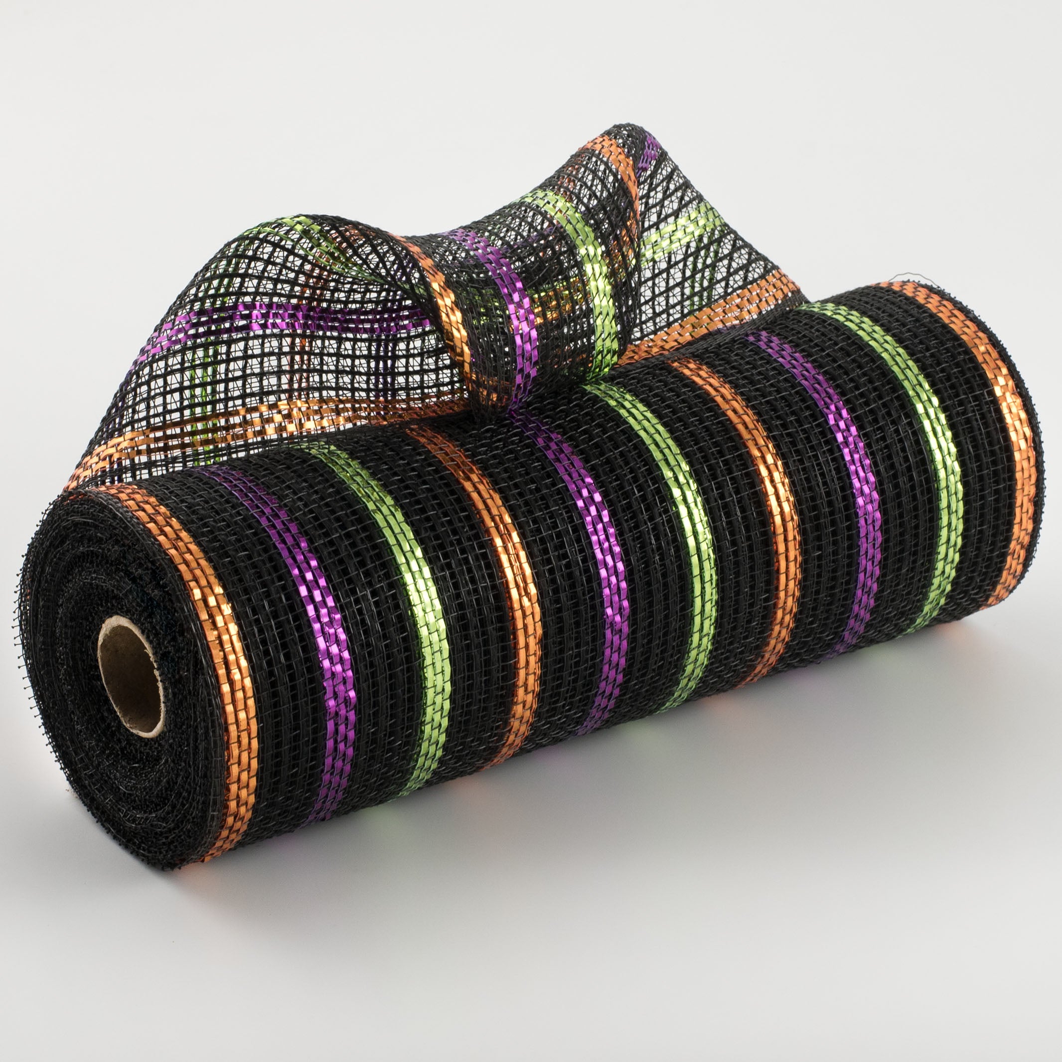 10" Poly Jute Deco Mesh: Black & Metallic Orange, Lime, Purple Item Number: RY801976