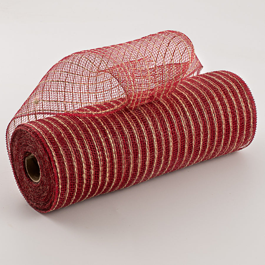 10" Poly Jute Deco Mesh: Burgundy & Natural Thin Stripe (10 Yards) Item Number: RY800505