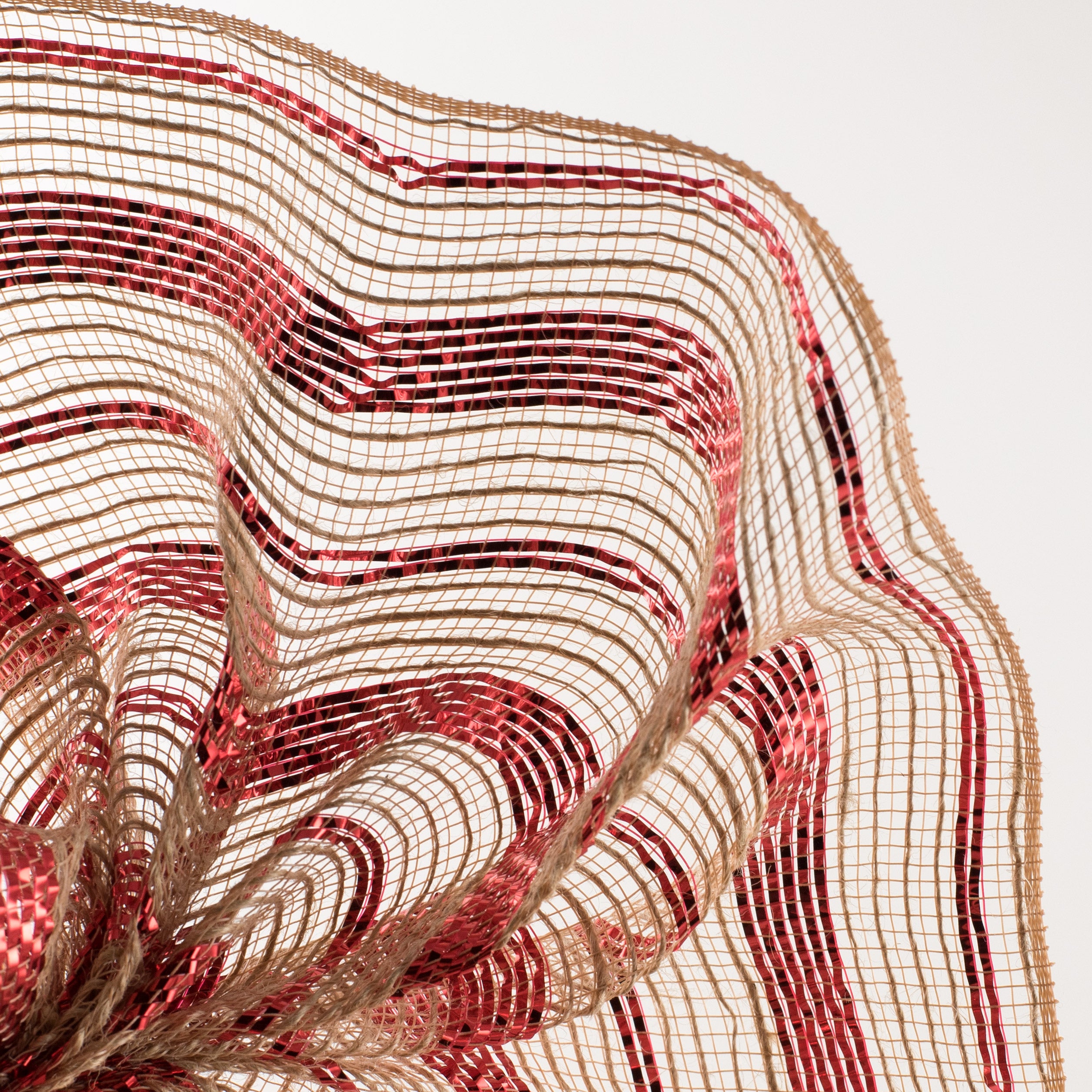 10" Poly Jute Deco Mesh: Natural & Metallic Red Pinstripe (10 Yards) Lifestyle Photo