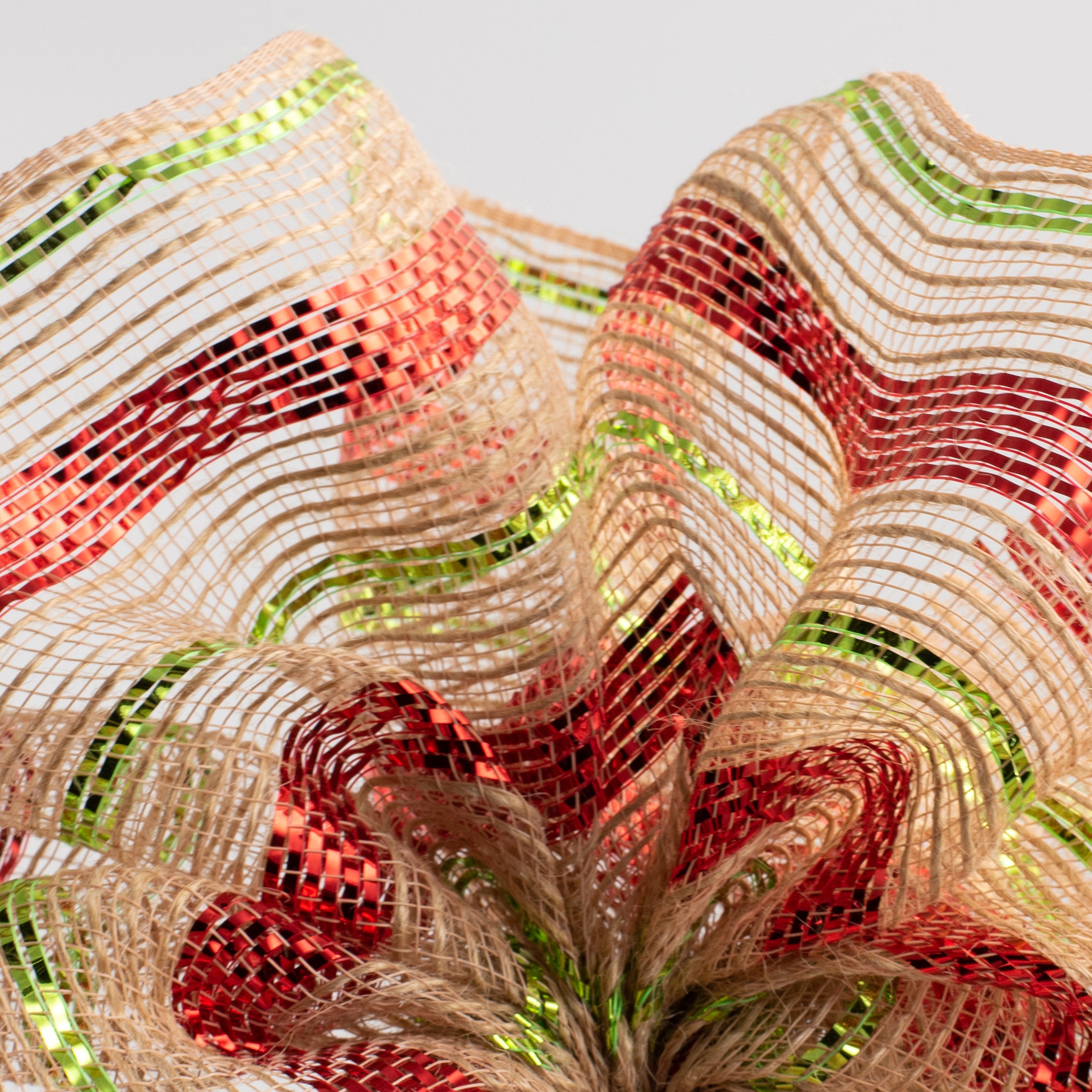 10" Poly Jute Deco Mesh: Natural & Metallic Red/Lime Green Pinstripe (10 Yards) Lifestyle Photo