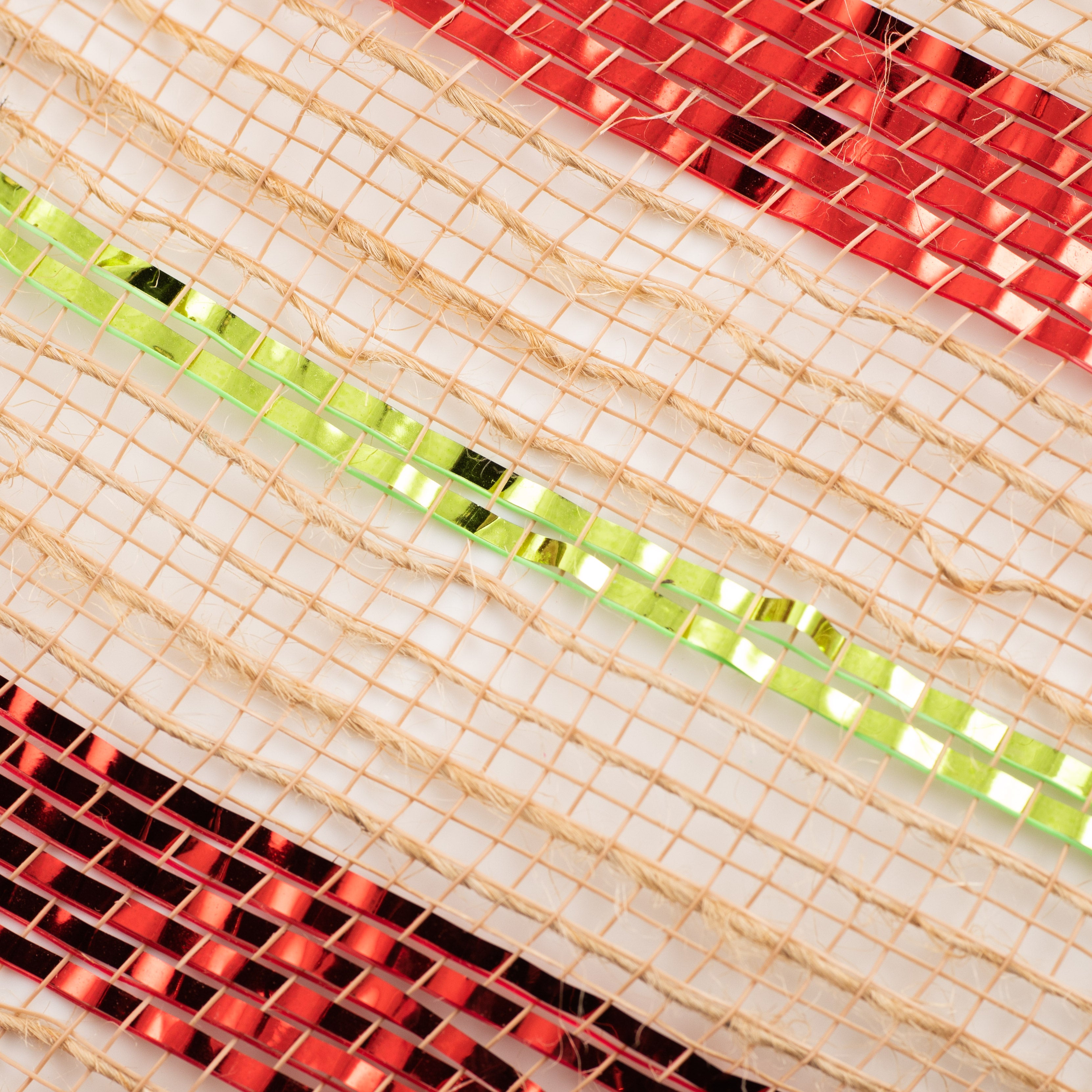 10" Poly Jute Deco Mesh: Natural & Metallic Red/Lime Green Pinstripe (10 Yards) detail photo 3