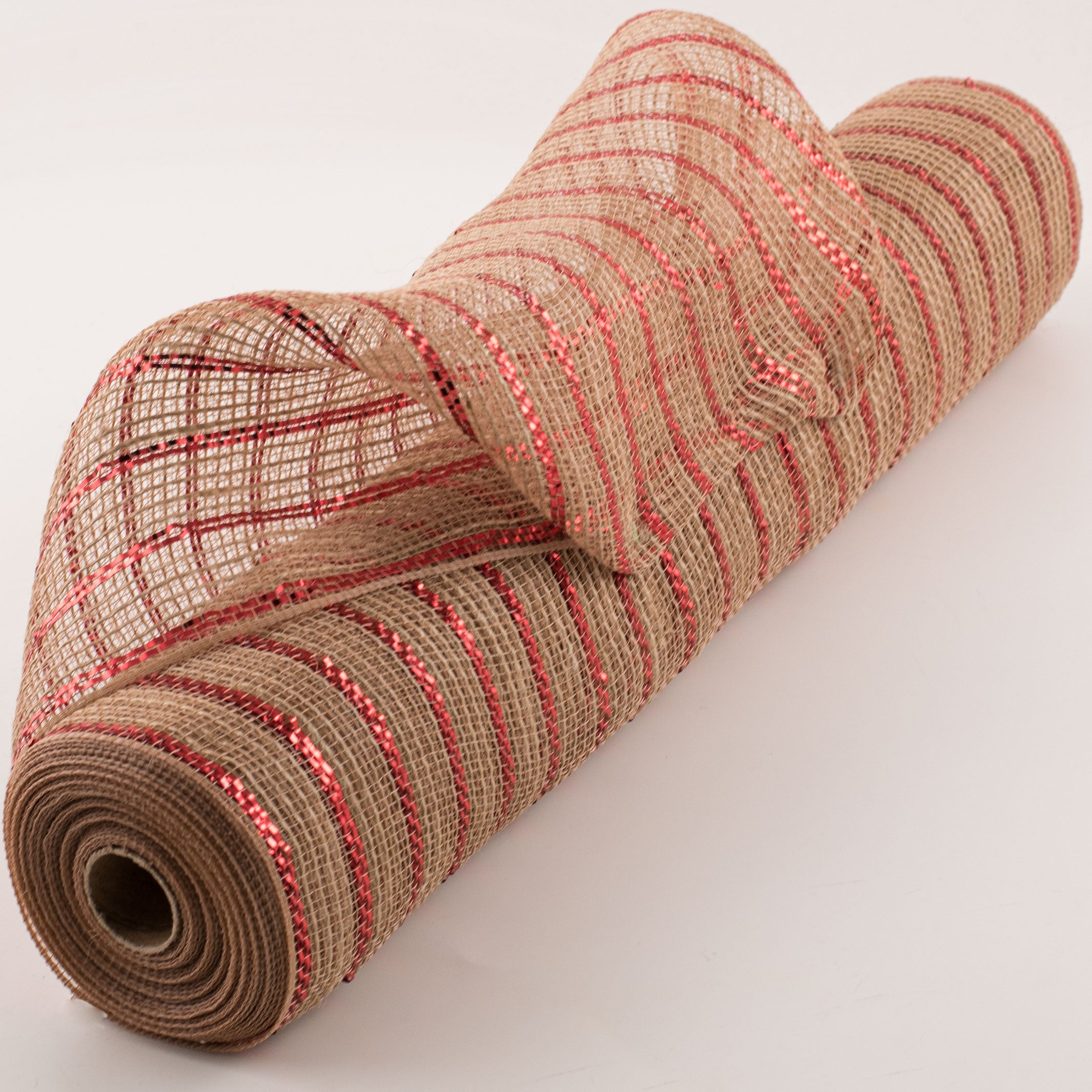 21" Poly Jute Deco Mesh: Natural & Red Metallic Stripe (10 Yards) Item Number: RY900624