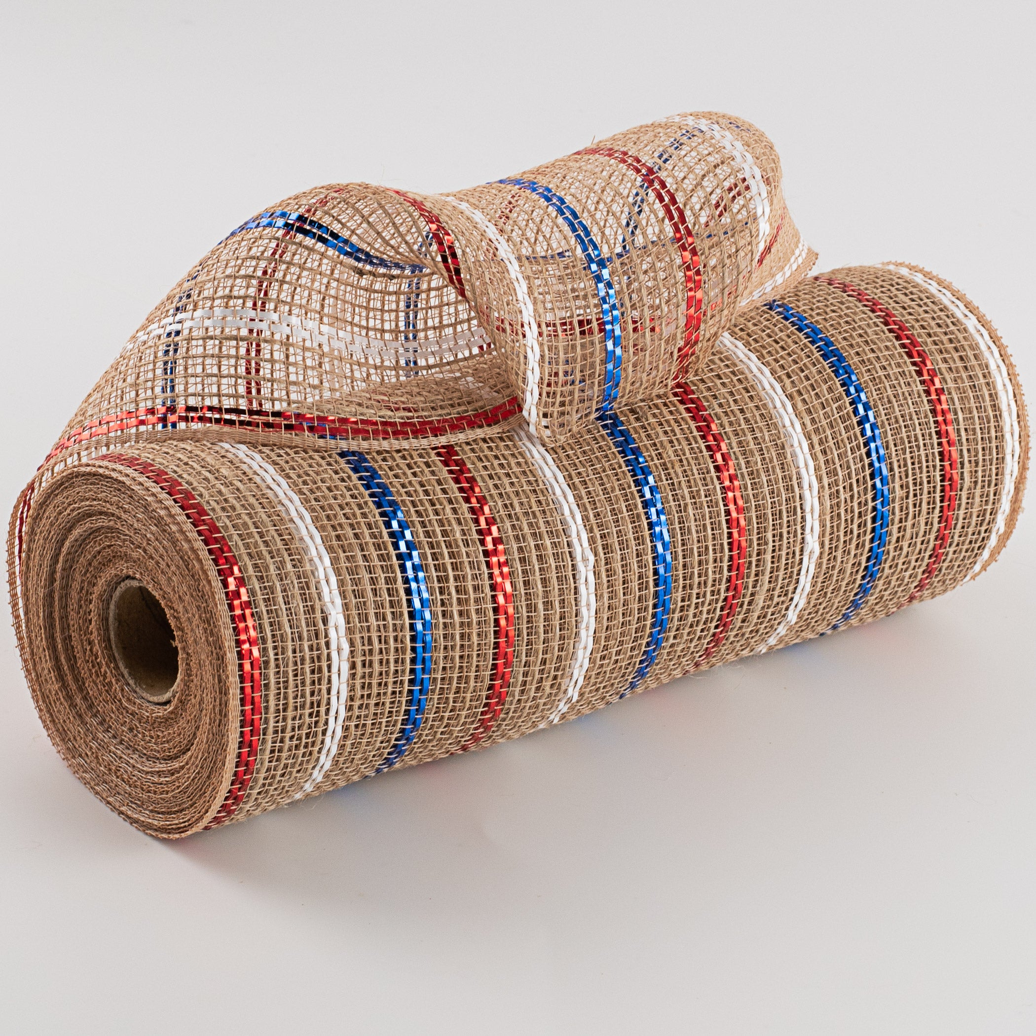 10" Poly Jute Deco Mesh: Natural With Red, White, Blue (10 Yards) Item Number: RY800788
