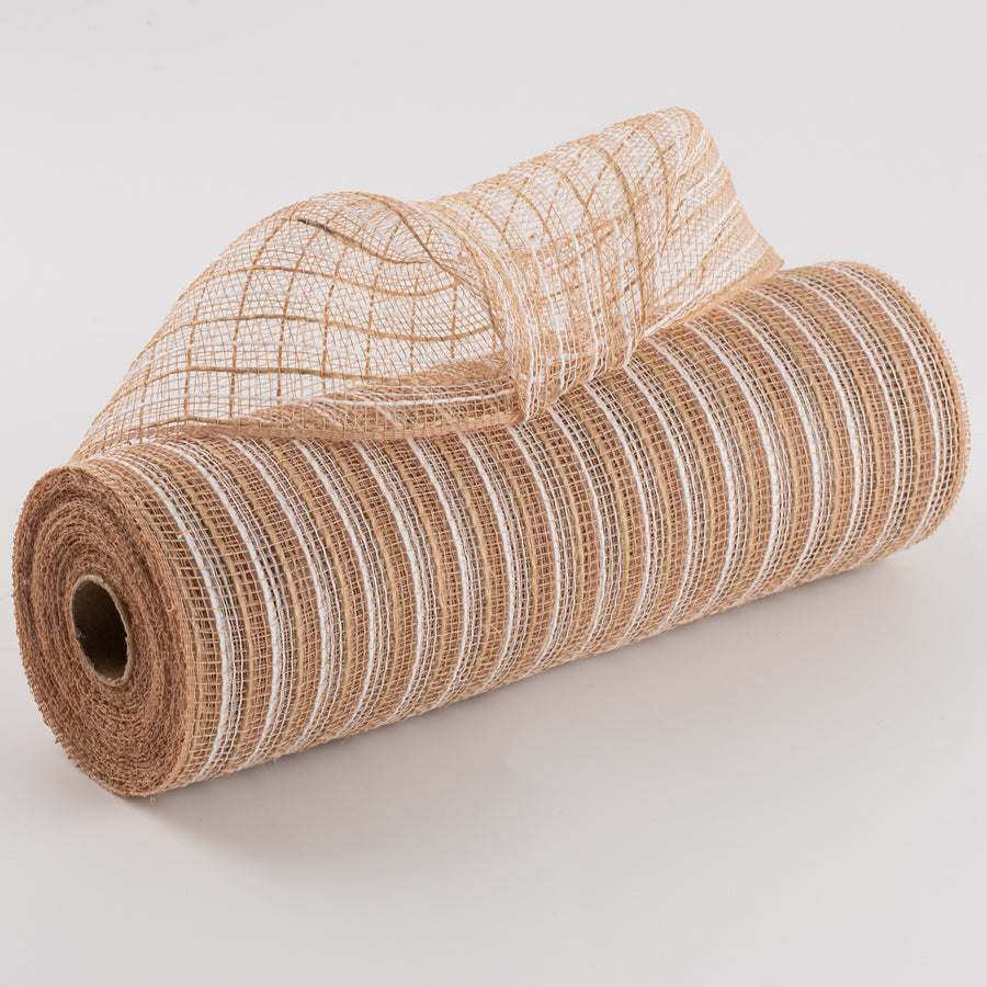 10" Poly Jute Deco Mesh: Natural & White Thin Stripe (10 Yards) Item Number: RY800148