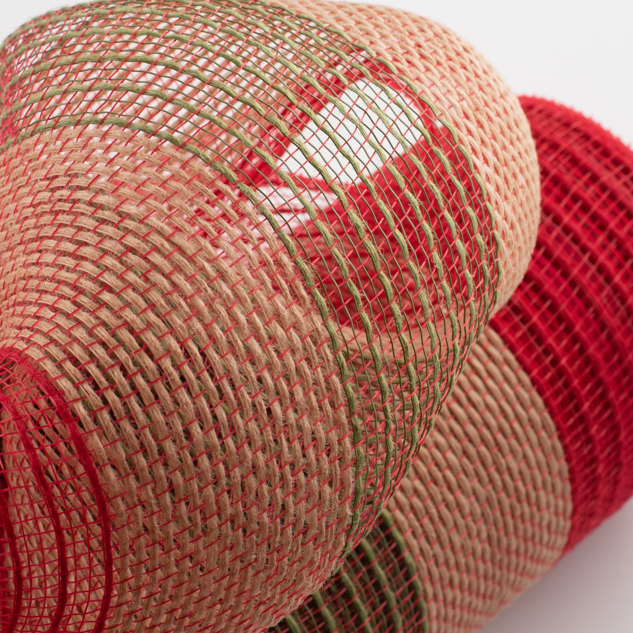 10" Poly Jute Deco Mesh: Red, Moss, Natural Wide Stripe Lifestyle Photo