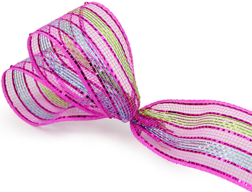 2.5" Poly Mesh Ribbon: Metallic Pink/Blue/Lime Stripe Lifestyle Photo