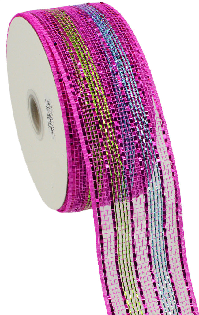 2.5" Poly Mesh Ribbon: Metallic Pink/Blue/Lime Stripe Item Number: RR3057Y9