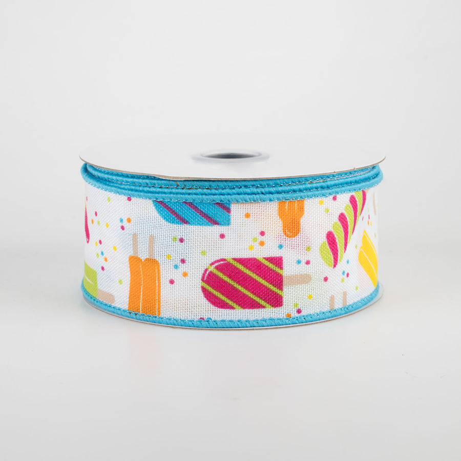 1.5" Popsicles Ribbon: White With Turquoise (10 Yards)