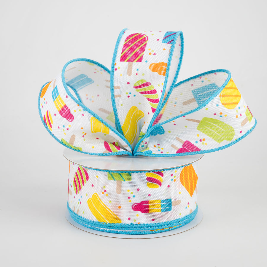 1.5" Popsicles Ribbon: White With Turquoise (10 Yards) Lifestyle Photo