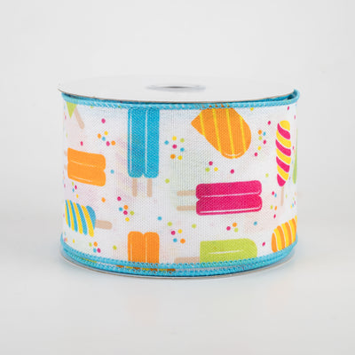 2.5" Popsicles Ribbon: White With Turquoise (10 Yards)