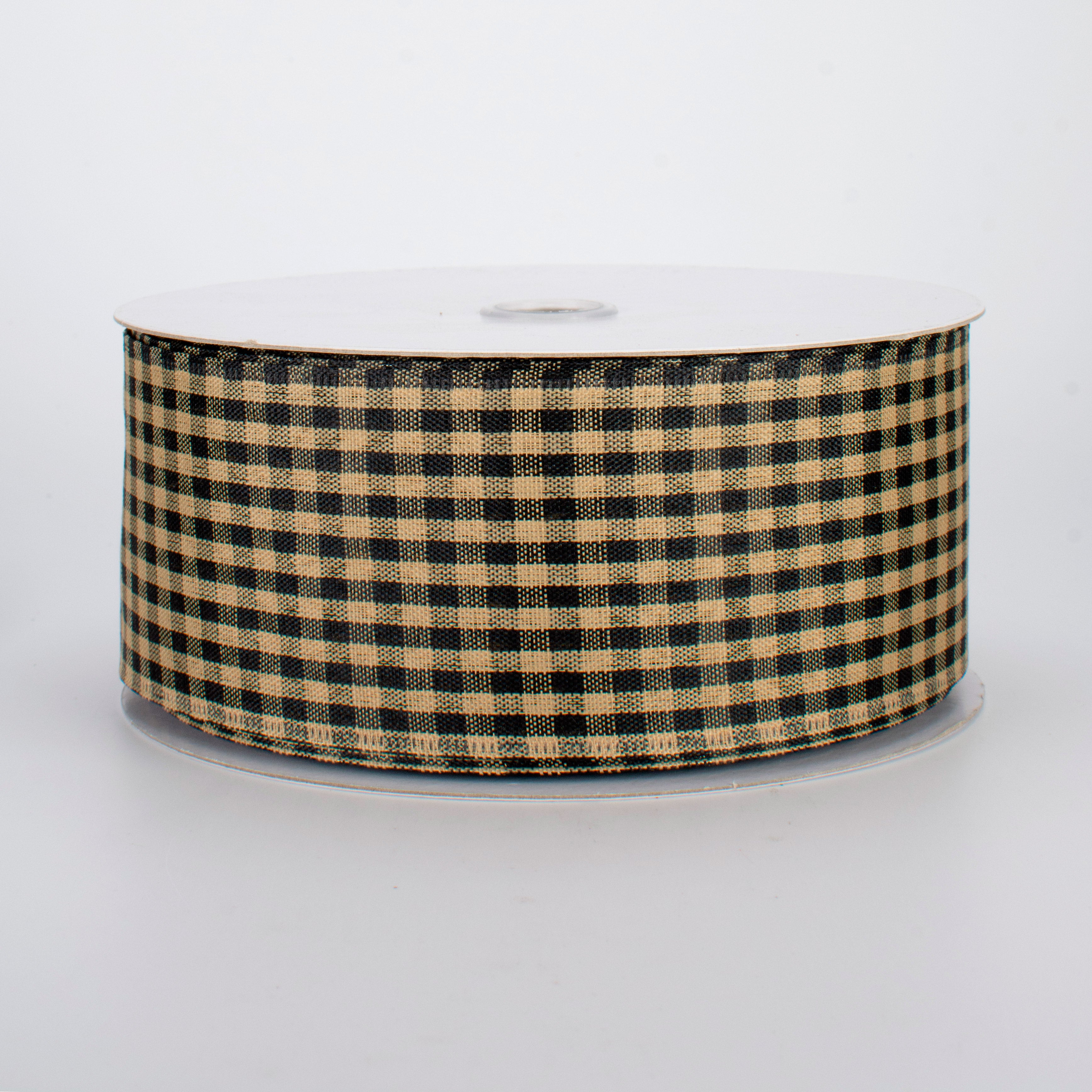 2.5" Primitive Gingham Check Ribbon: Black & Tan (50 Yards)