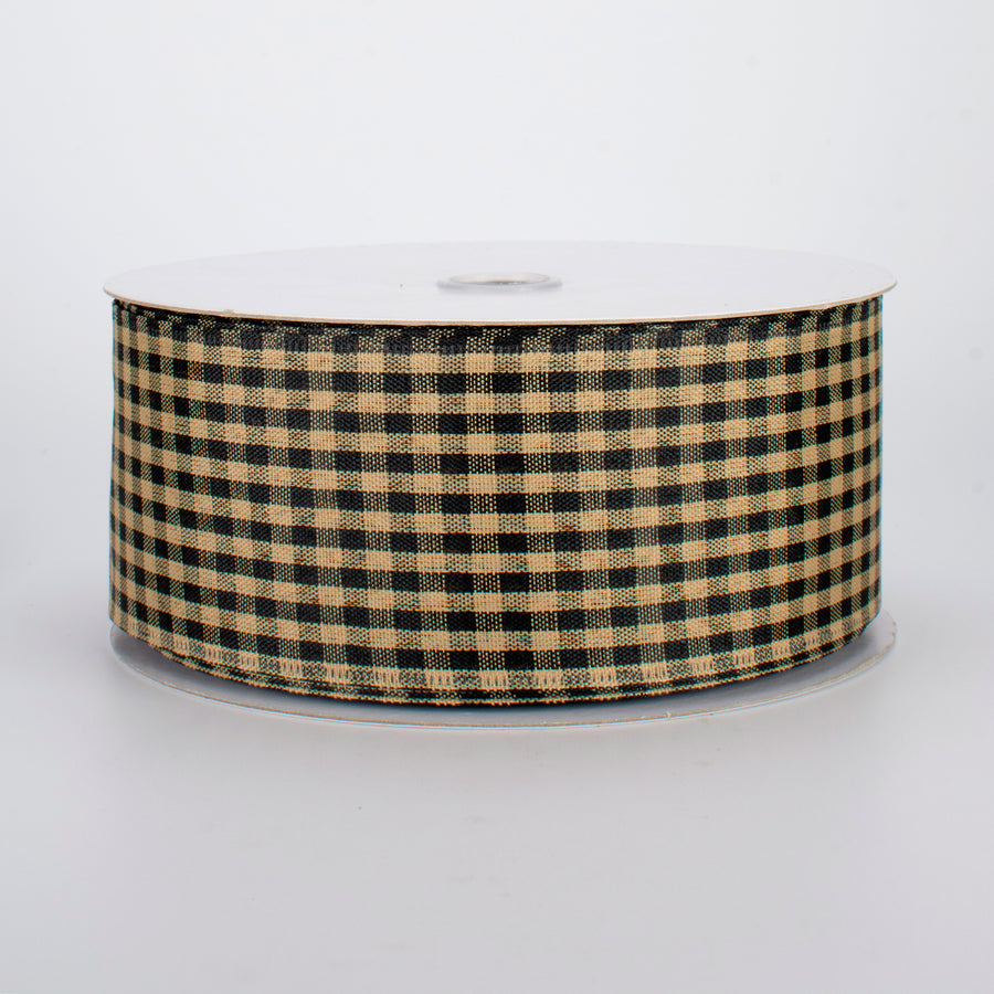 2.5" Primitive Gingham Check Ribbon: Black & Tan (50 Yards)