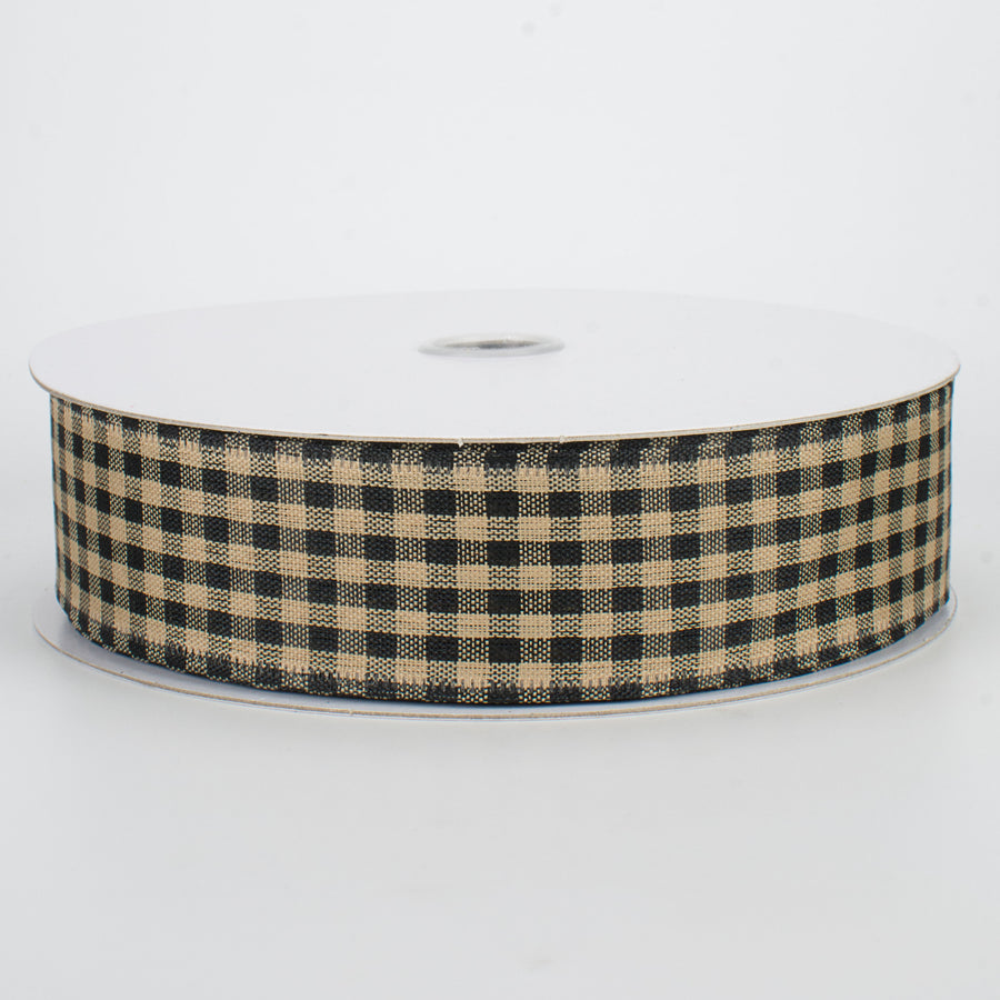 1.5" Primitive Gingham Check Ribbon: Black & Tan (50 Yards)