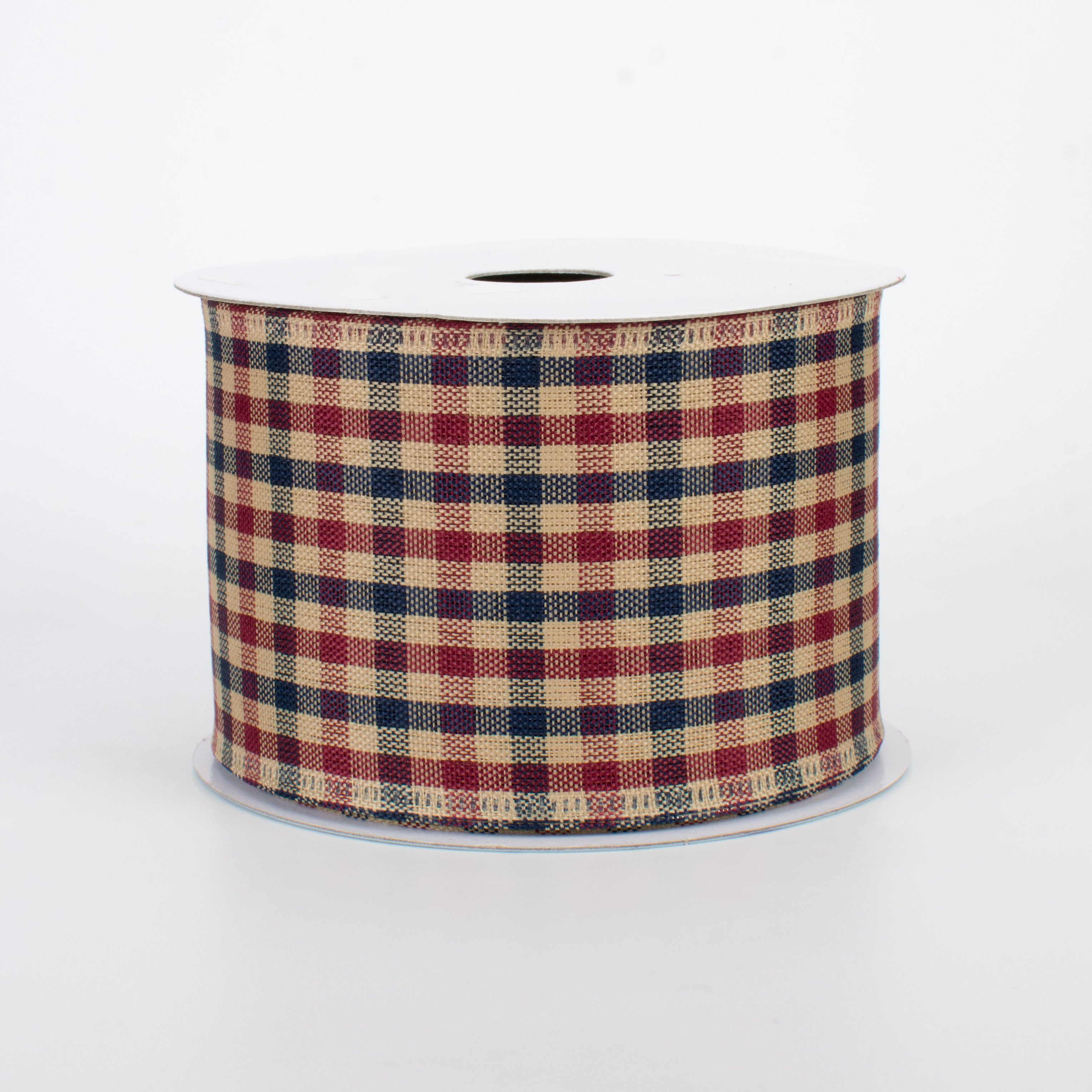 2.5" Primitive Gingham Check Ribbon: Navy, Burgundy, Tan (10 Yards)