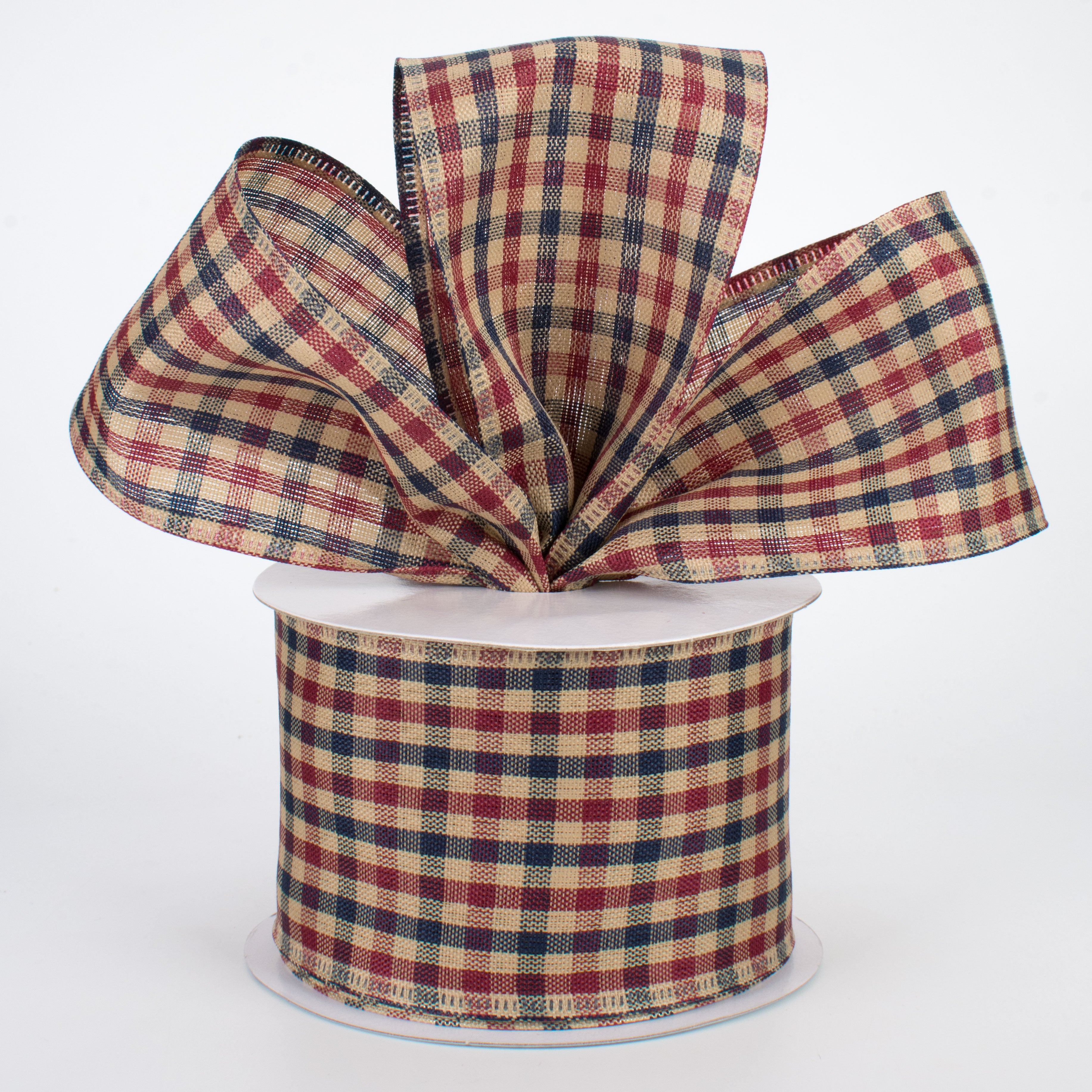 2.5" Primitive Gingham Check Ribbon: Navy, Burgundy, Tan (10 Yards) Lifestyle Photo