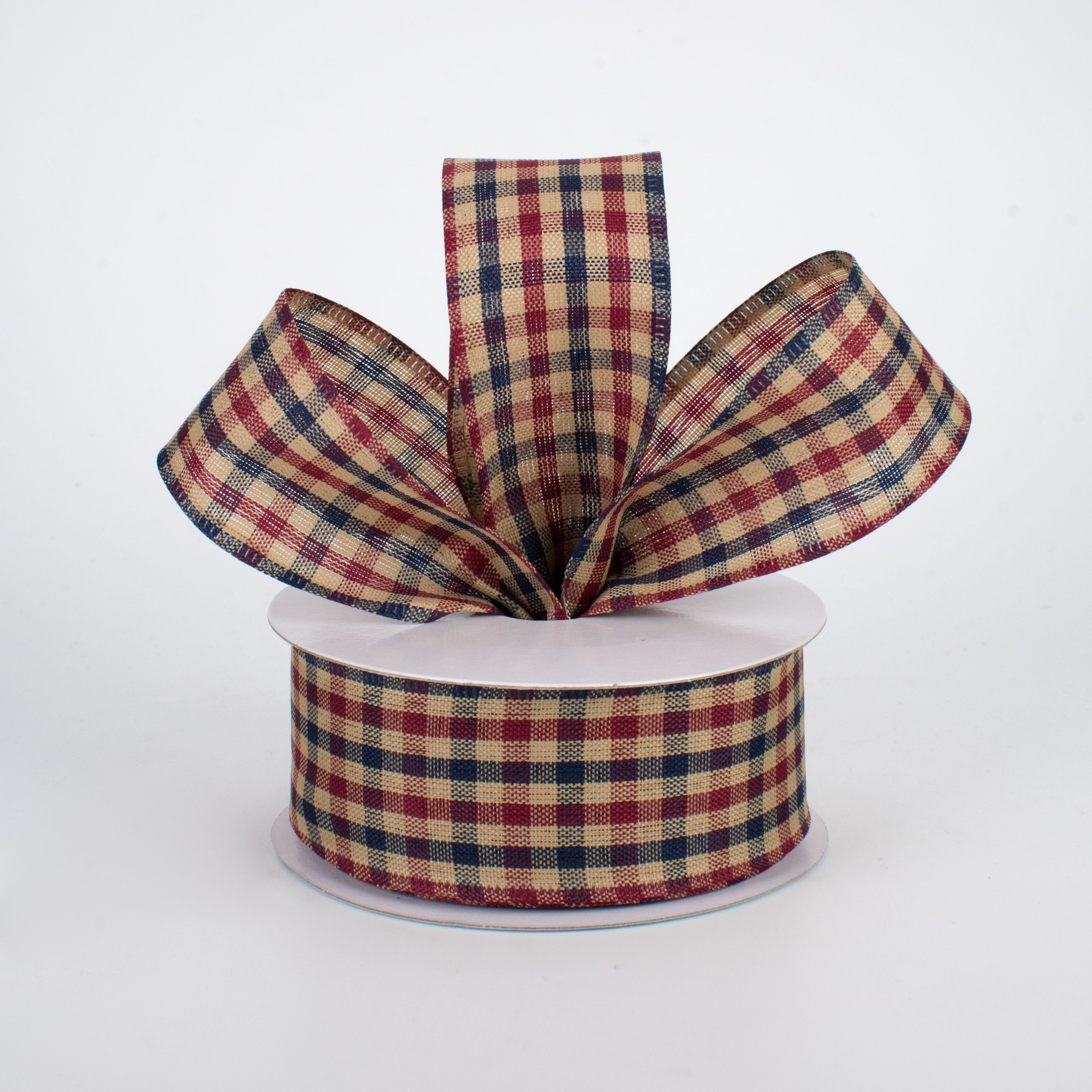 1.5" Primitive Gingham Check Ribbon: Navy, Burgundy, Tan (10 Yards) Lifestyle Photo