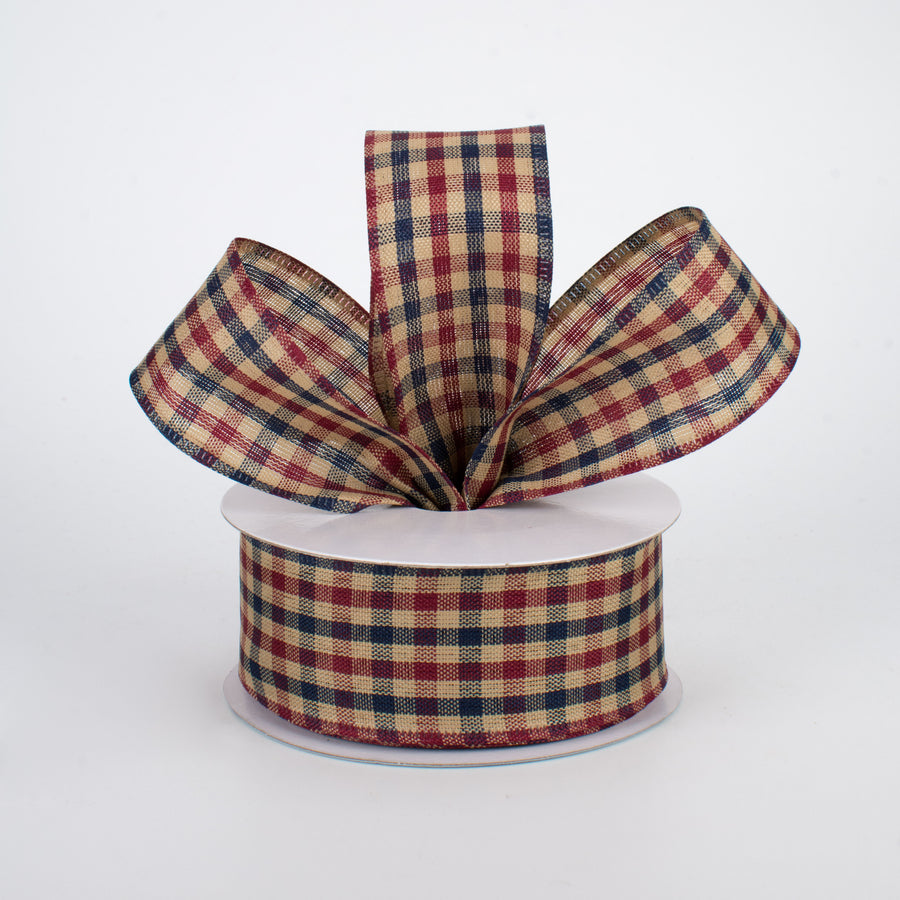 1.5" Primitive Gingham Check Ribbon: Navy, Burgundy, Tan (10 Yards) Lifestyle Photo
